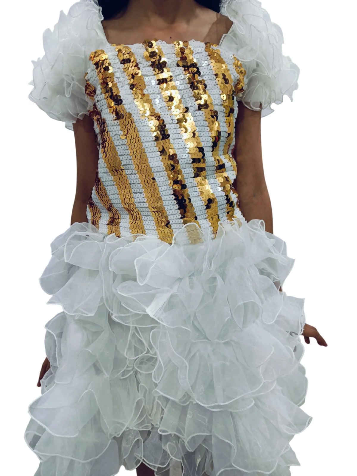 White & Golden Sequin Western Dance Costume for Girls | Stylish Top with Frill Sleeves & White Fluffy Skirt | Party Wear & Western Dance Costume for Kids - Image 5