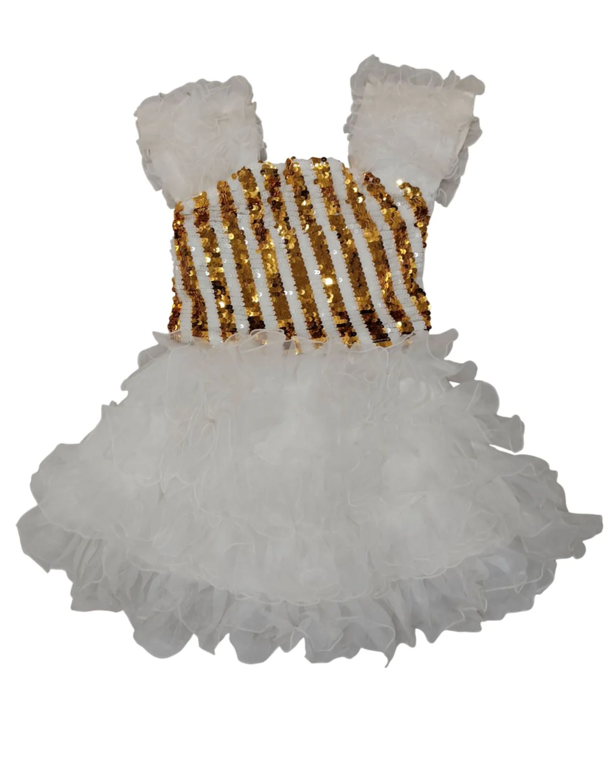 White & Golden Sequin Western Dance Costume for Girls | Stylish Top with Frill Sleeves & White Fluffy Skirt | Party Wear & Western Dance Costume for Kids - Image 7