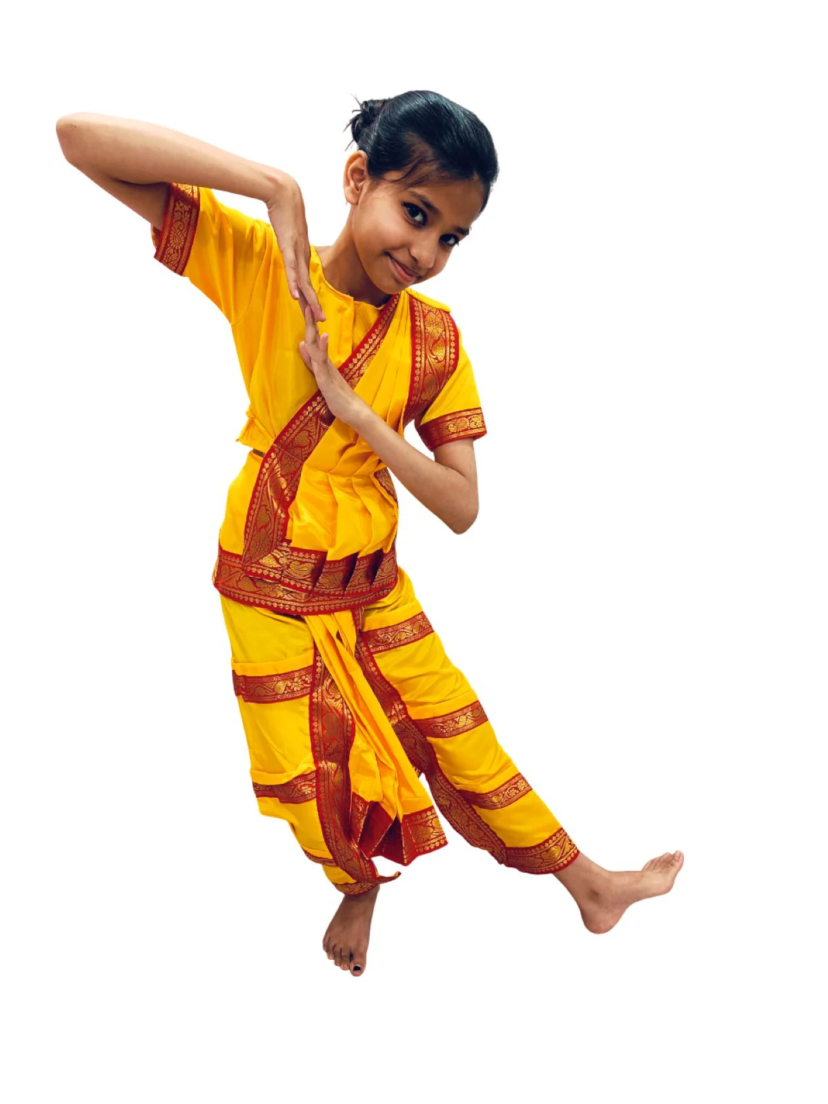 Yellow & Red Bharatanatyam Saree Indian Classical Dance Costume for Girls | Kids & Adult Fancy Dress Costume - Image 4
