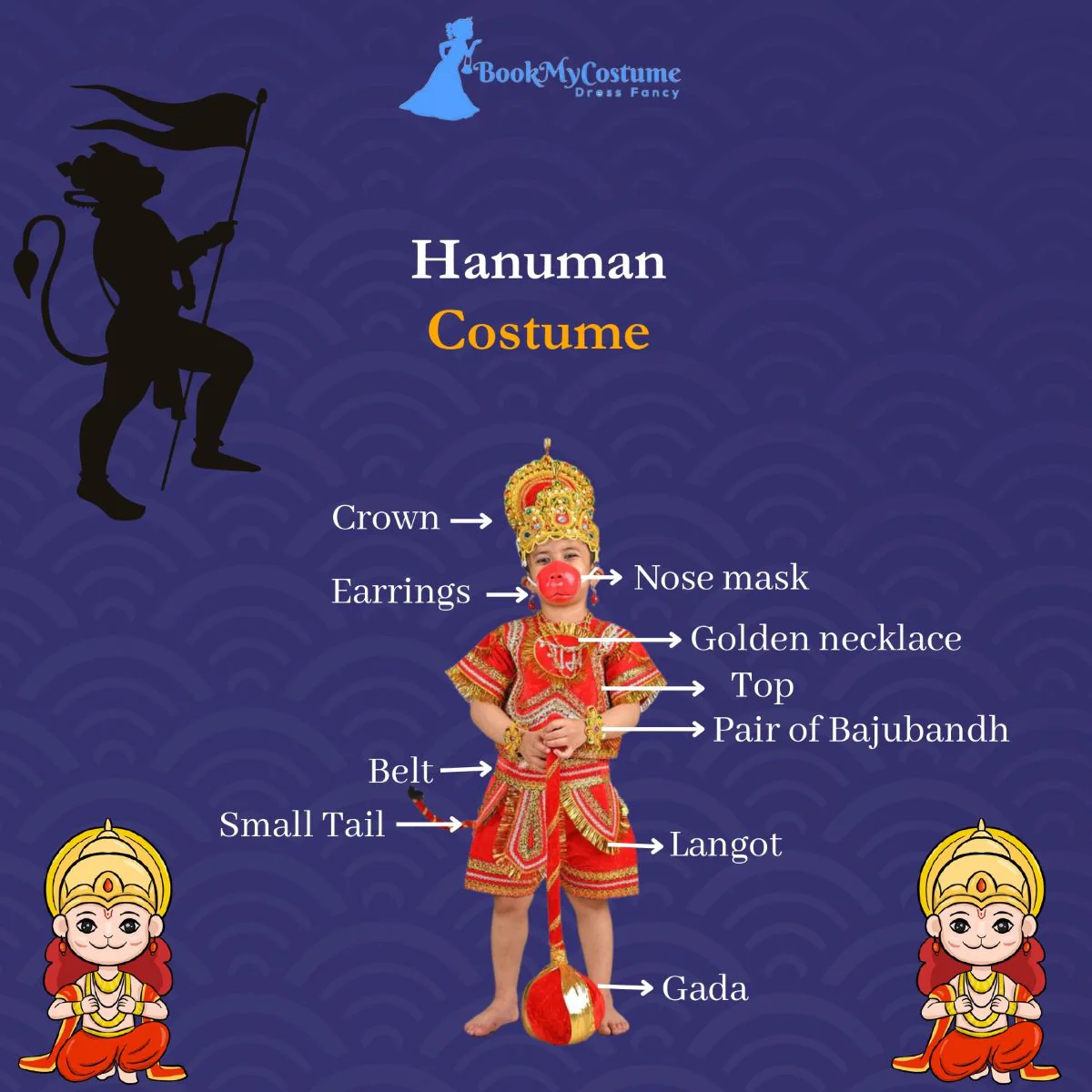 Complete Hanuman Bajrang Bali Hindu God Kids & Adults Fancy Dress Costume | With Gada - Image 4