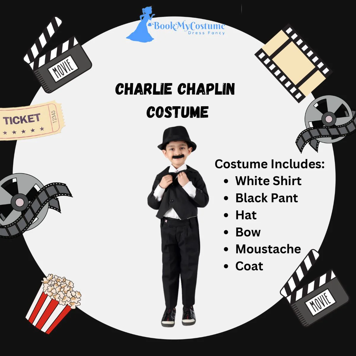 Charlie Chaplin Dress for Boys | Comic Character Fancy Dress Costume | Charlie Chaplin Costume for Kids - Image 5