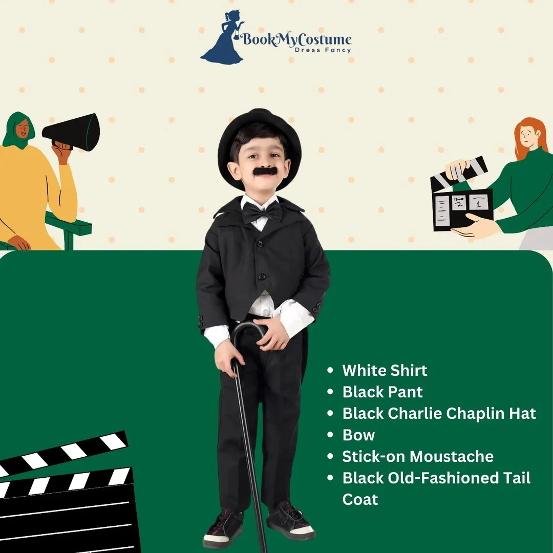 Charlie Chaplin Dress for Boys | Comic Character Fancy Dress Costume | Charlie Chaplin Costume for Kids | With Stick - Image 5