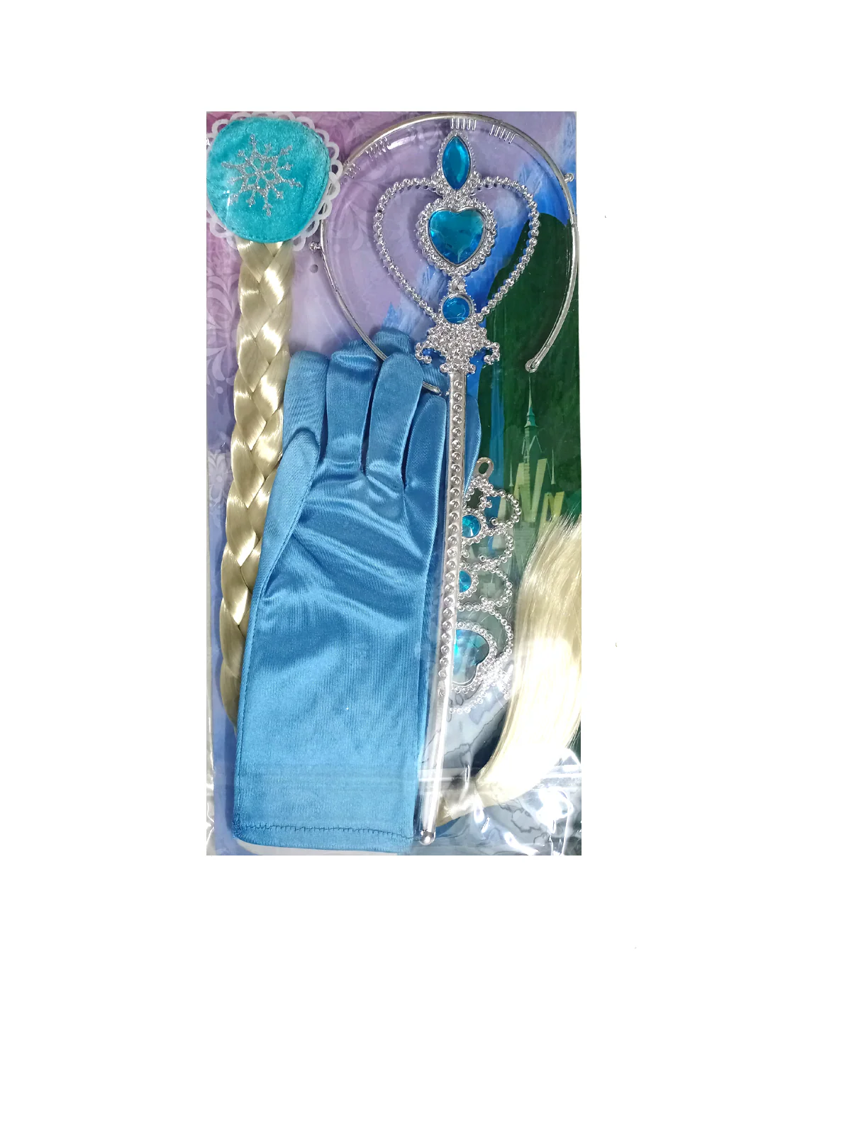 Complete Queen Accessory Set for Girls – Includes Blue Tiara, Magic Wand, Blonde Braid Hair Clip & Gloves | Fancy Dress, Costume Party, Role Play, Birthday Gift, Fairy Tale Princess Set