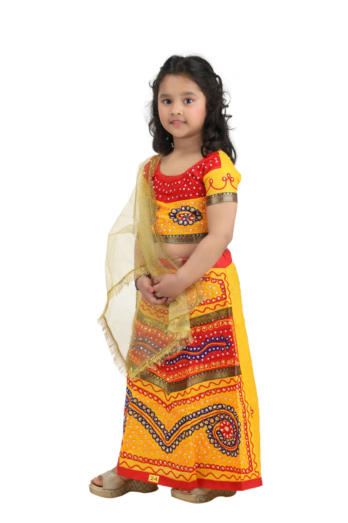 Radha Lehenga Chaniya Choli Janmashtami Multicolor Costume Dress for Girls with Golden Chunni - Image 4