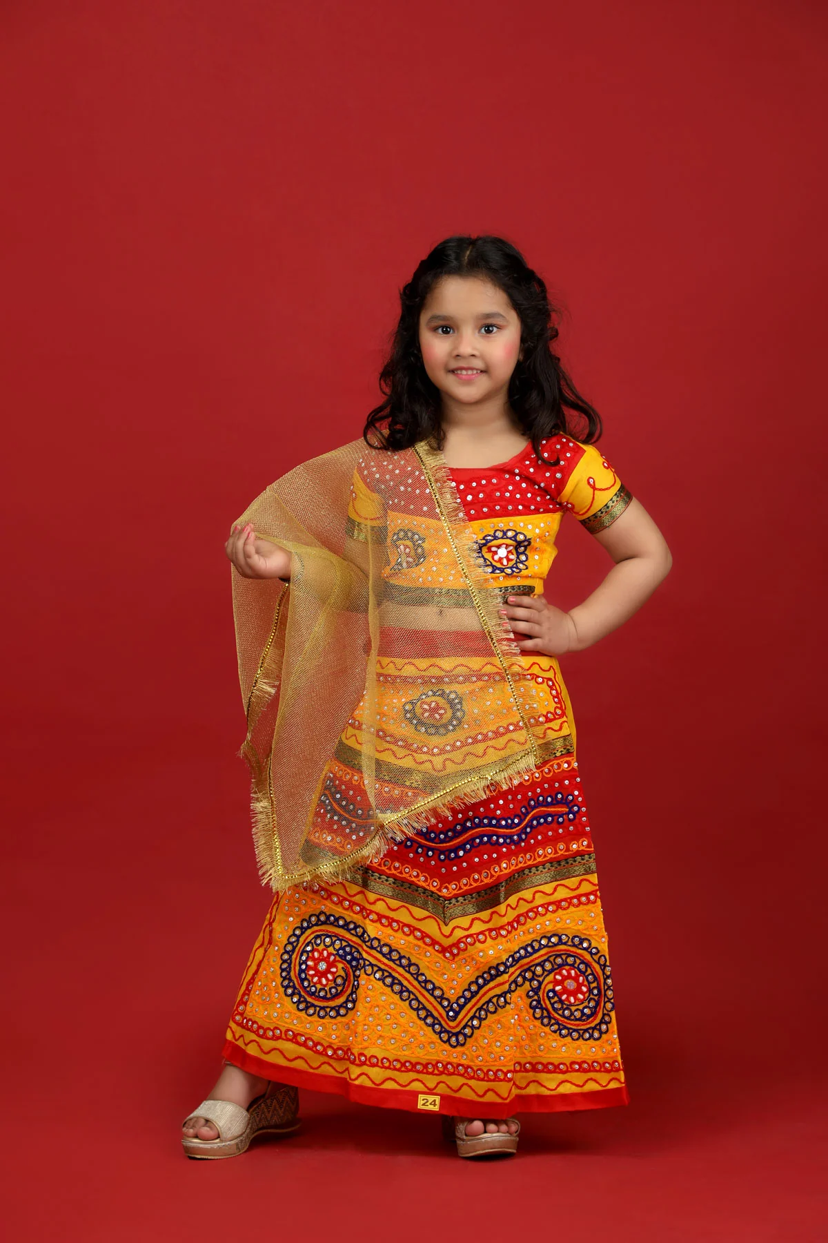 Radha Lehenga Chaniya Choli Janmashtami Multicolor Costume Dress for Girls with Golden Chunni - Image 6