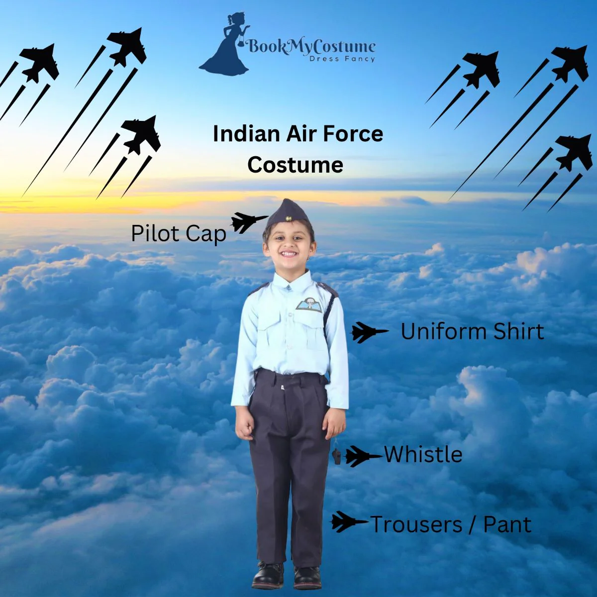 Indian Air Force Defense Pilot Uniform Kids Fancy Dress Costume - Blue - Image 6