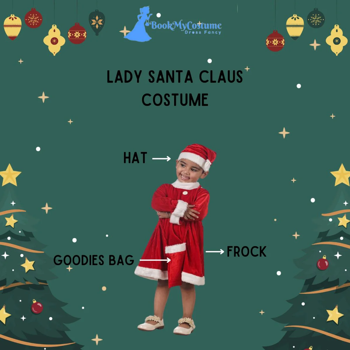 Christmas Dress for Girls Santa Theme Frock Fancy Dress Costume | Santa Girl Costume - Premium - Image 10