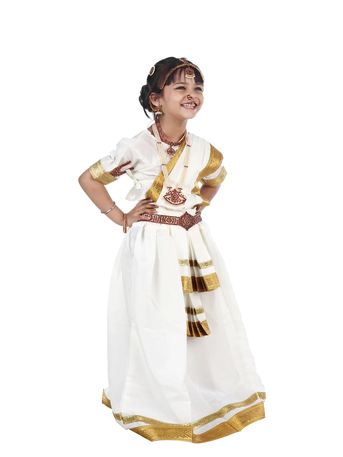 Mohiniyattam Saree Indian Classical Dance Costume for Girls and Women with 10 Pcs  Jewellery Set - Image 3