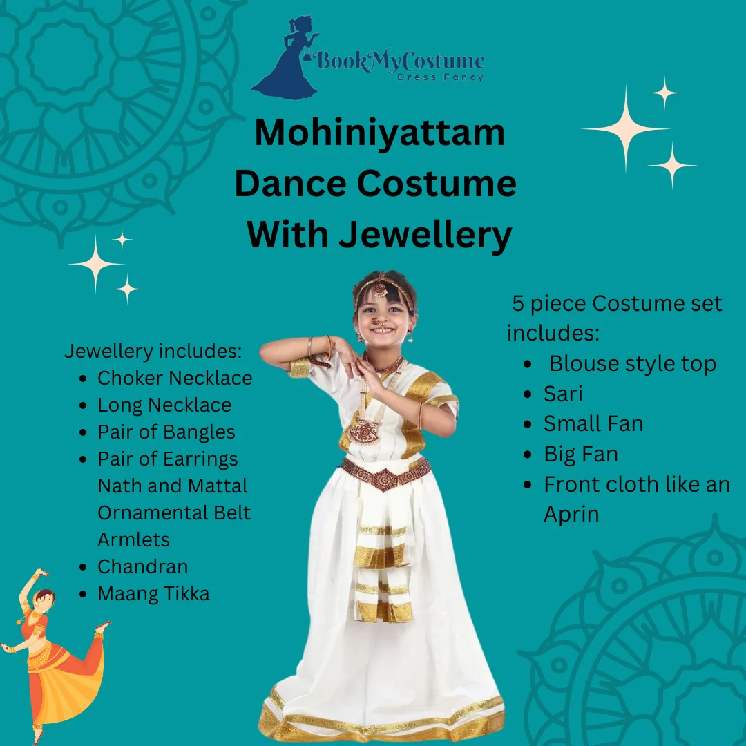 Mohiniyattam Saree Indian Classical Dance Costume for Girls and Women with 10 Pcs  Jewellery Set - Image 4