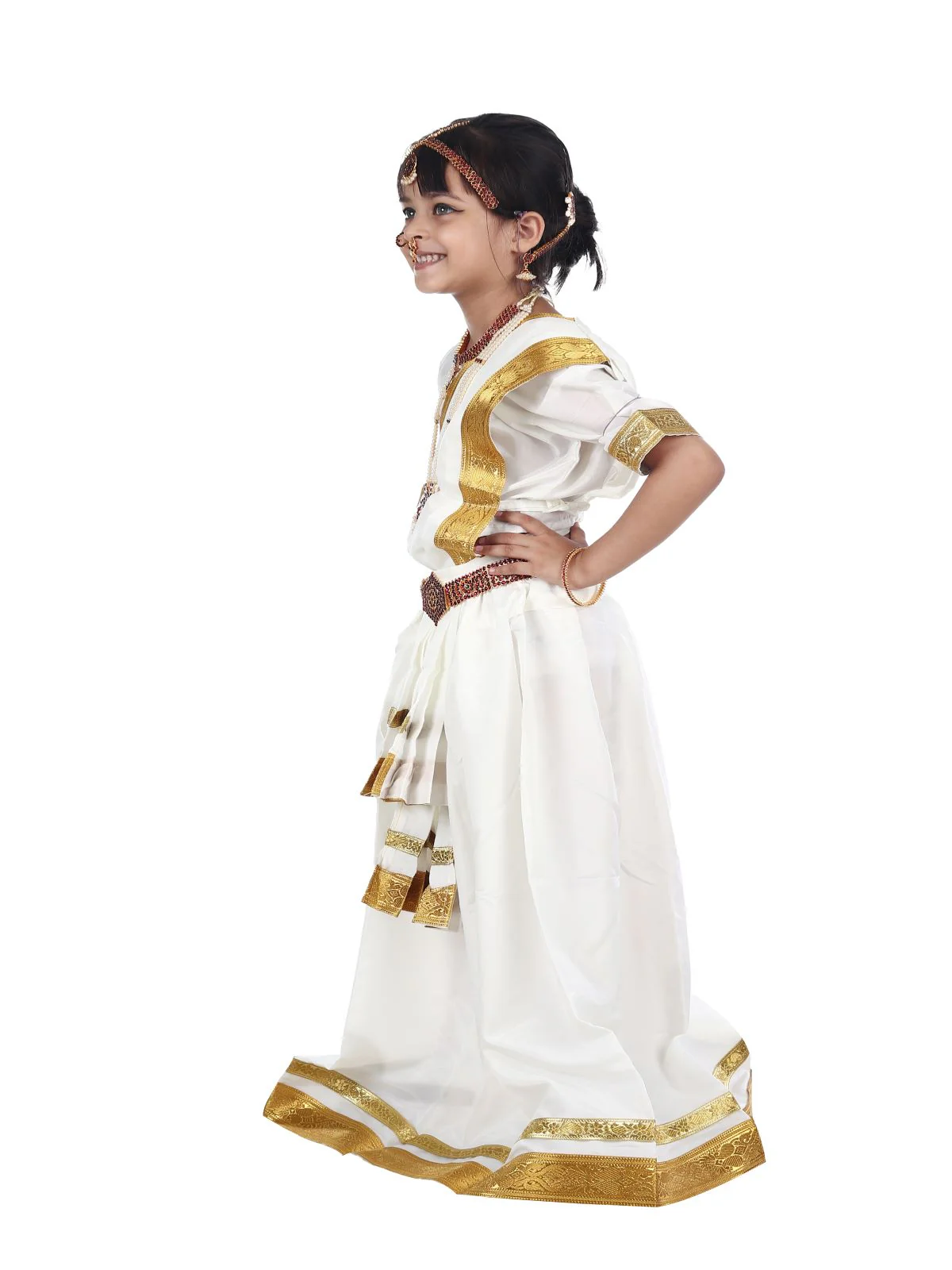 Mohiniyattam Saree Indian Classical Dance Costume for Girls and Women with 10 Pcs  Jewellery Set - Image 6