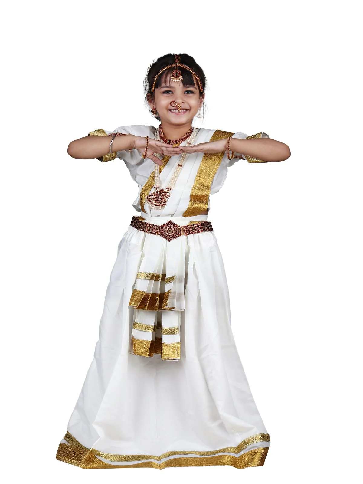 Mohiniyattam Saree Indian Classical Dance Costume for Girls and Women with 10 Pcs  Jewellery Set - Image 7