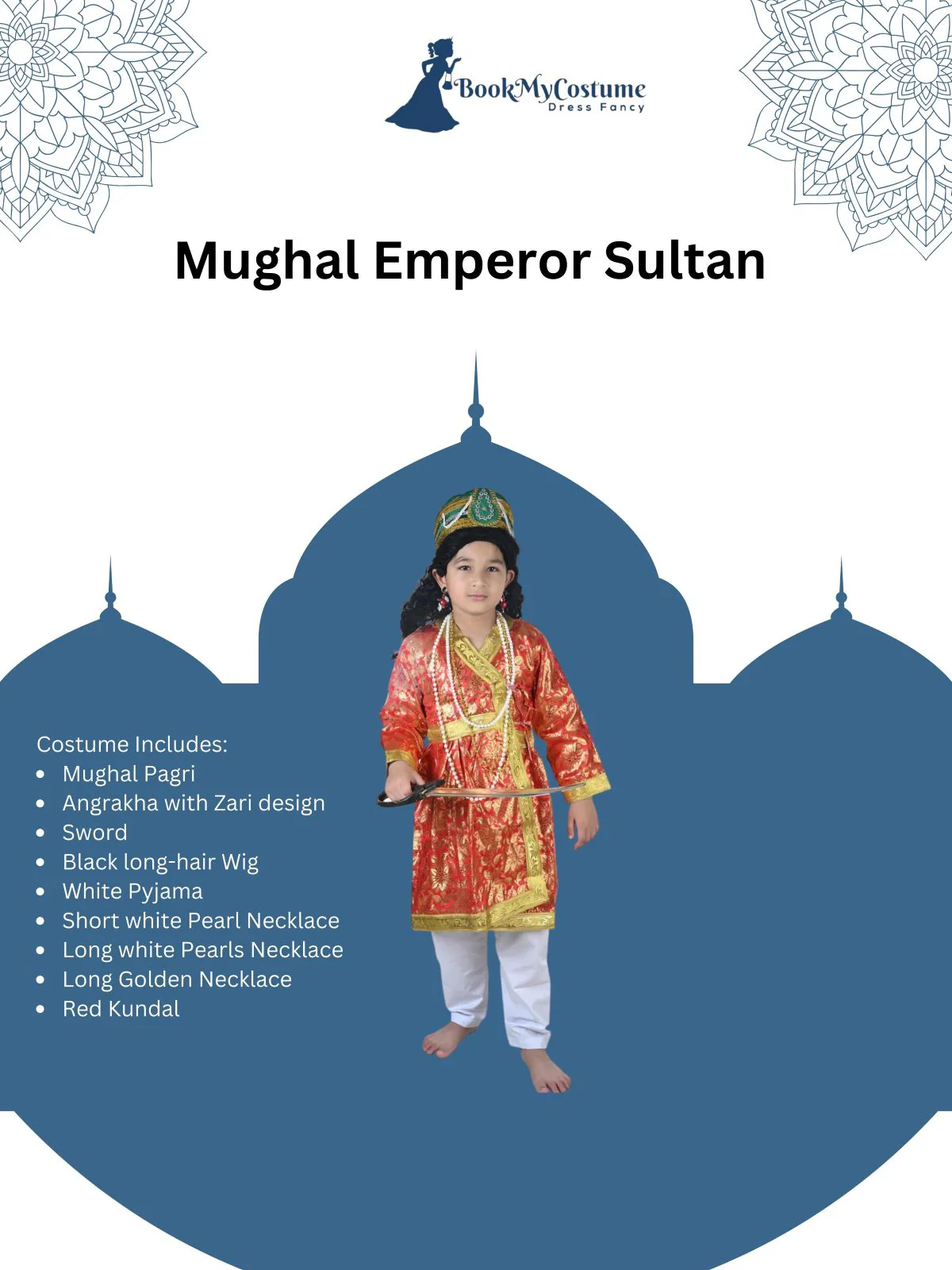 Mughal Emperor Sultan with Wig & Sword Kids & Adult Fancy Dress Costume for Boys - Image 3