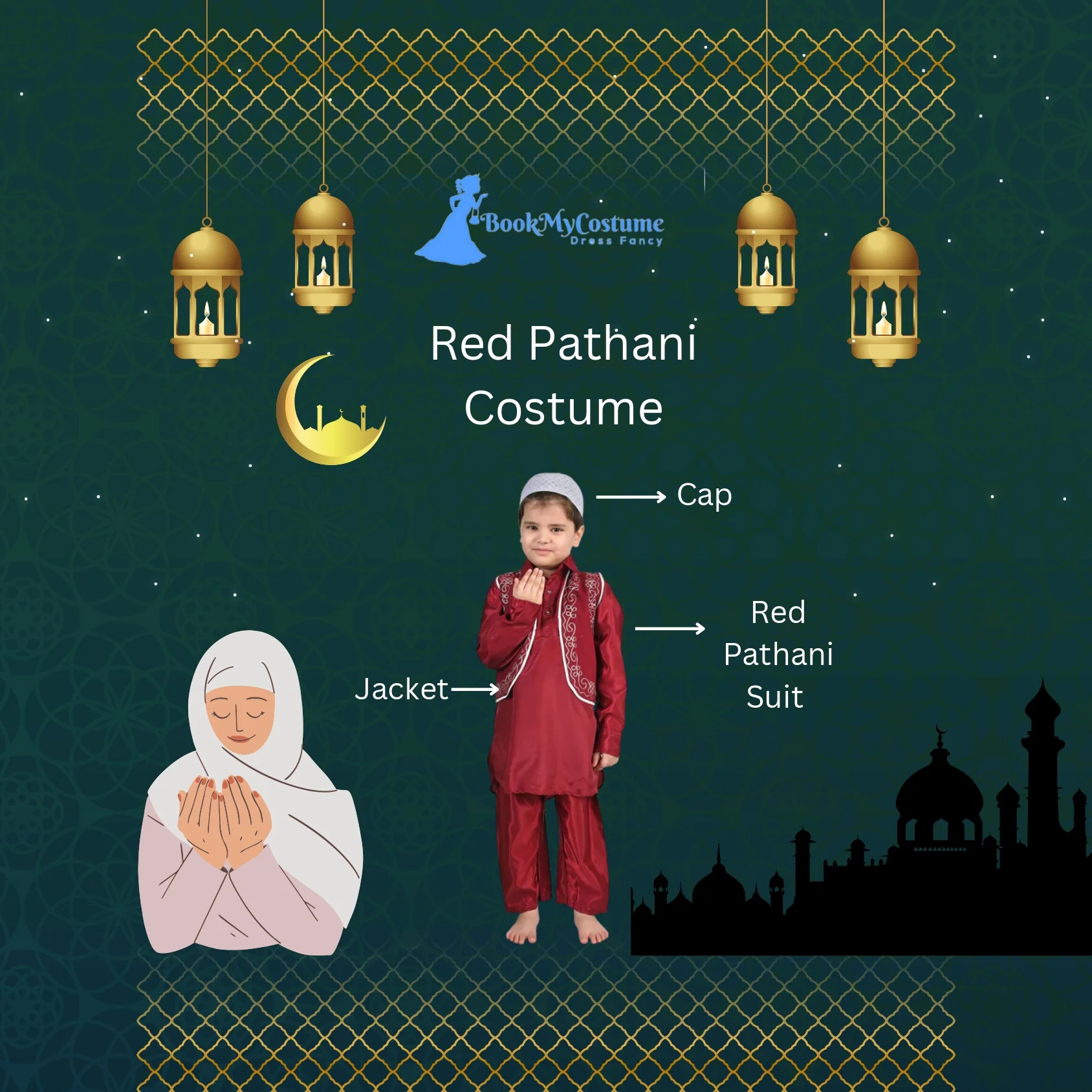 Muslim Boy Red Pathani Suit with Cap Indian Fancy Dress Costume for Boys - Image 3