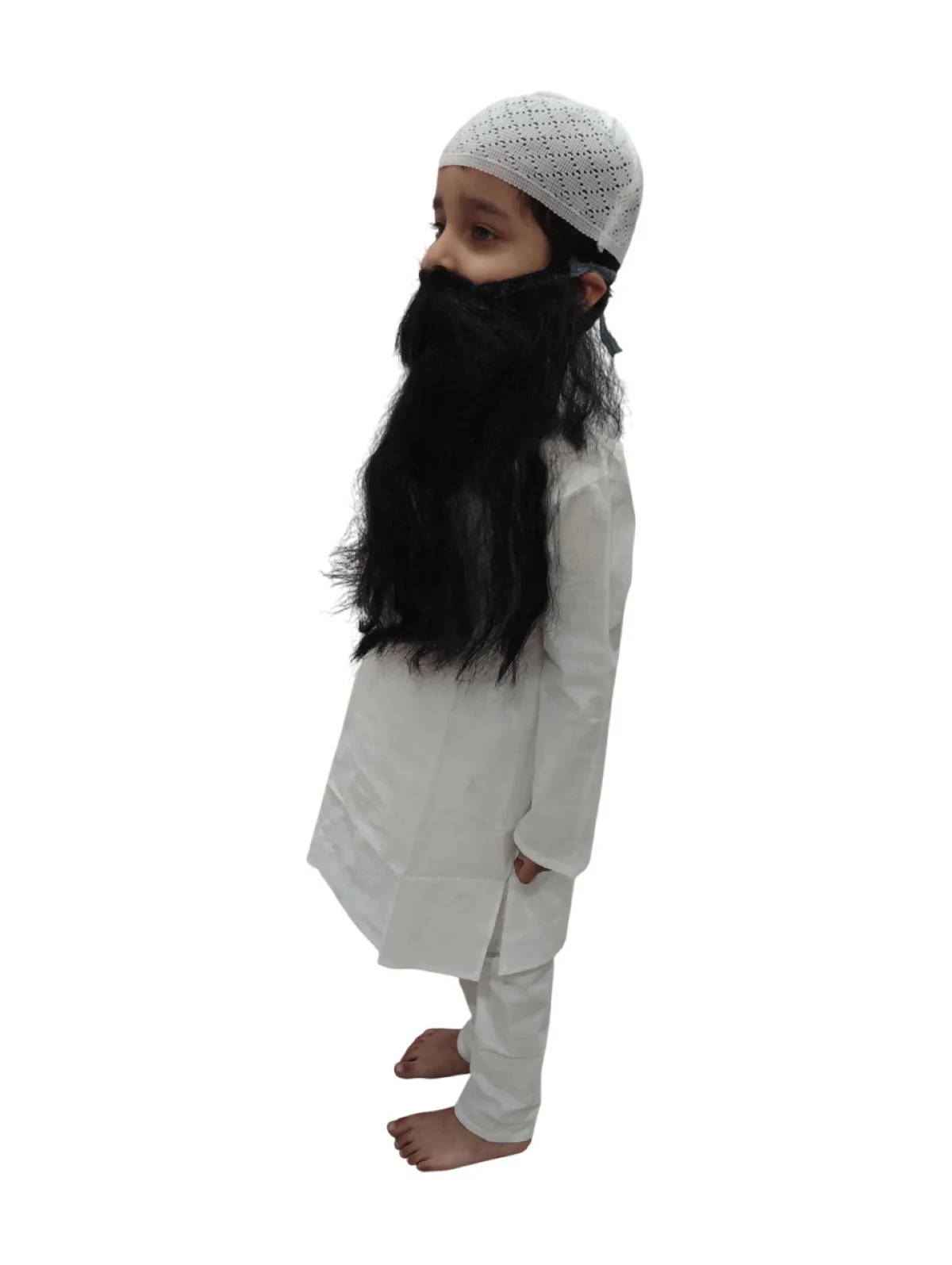 Muslim Man White Kurta Pyjama with Beard for Boy's Kids Indian Fancy Dress Costume - Image 4