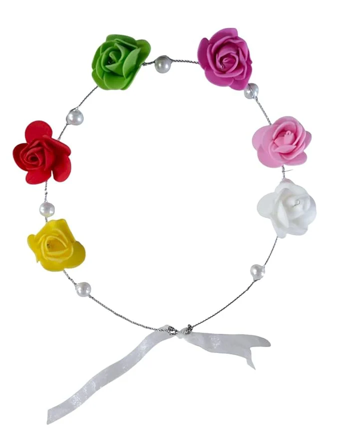 Floral Hair Band with Pearls & Ribbon for Girls & Women – Multicolor Artificial Rose Flower Tiara | Hair Accessory for Haldi, Mehndi, Baby Shower, Bridal & Photoshoot