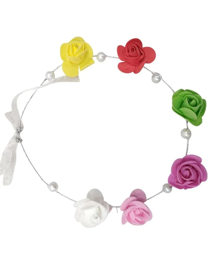 Floral Hair Band with Pearls & Ribbon for Girls & Women – Multicolor Artificial Rose Flower Tiara | Hair Accessory for Haldi, Mehndi, Baby Shower, Bridal & Photoshoot - Image 2