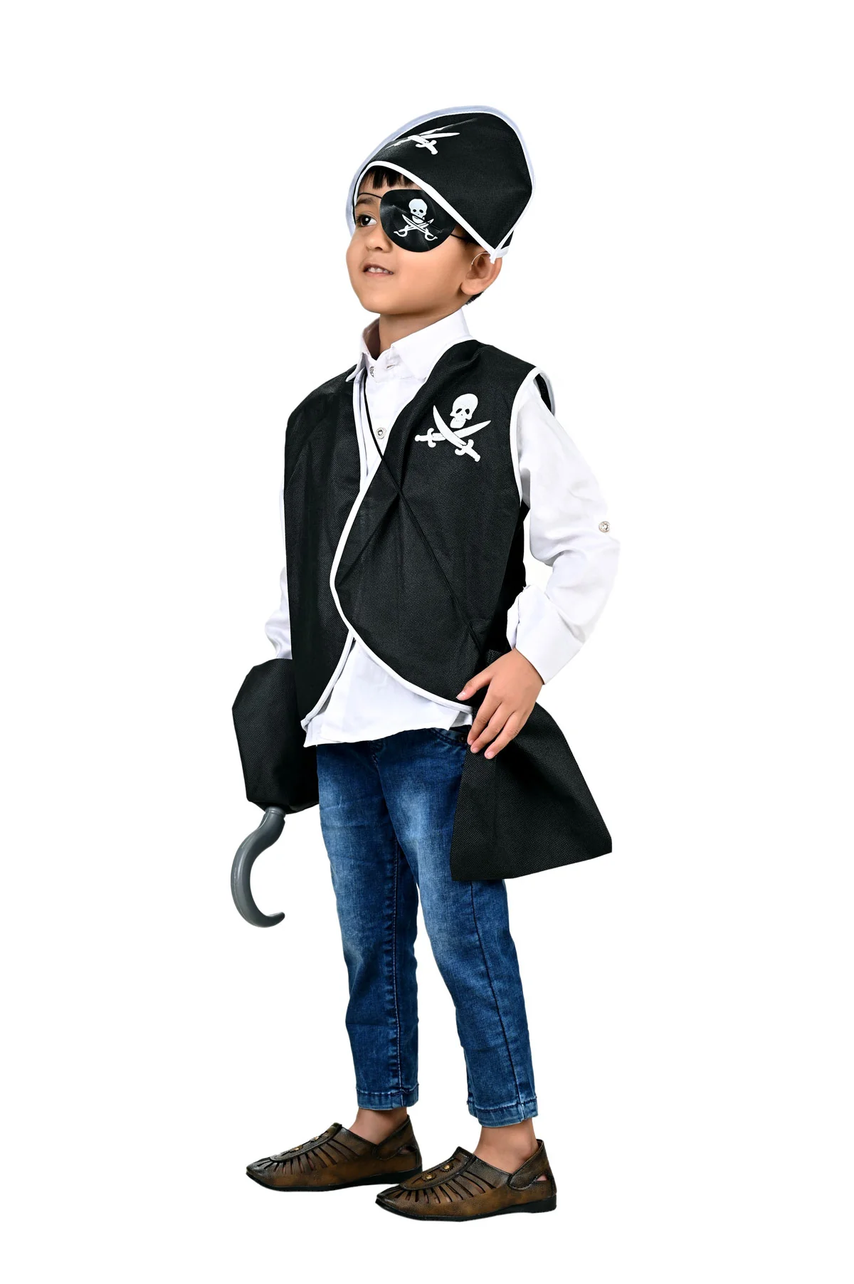 Black Pirate Captain 5 Pcs Kids Costume Set (8-12 Years) - Synthetic Jacket, Plastic Pirate Hook, Eyepatch, Loot Bag & Bandana Cap - Image 4