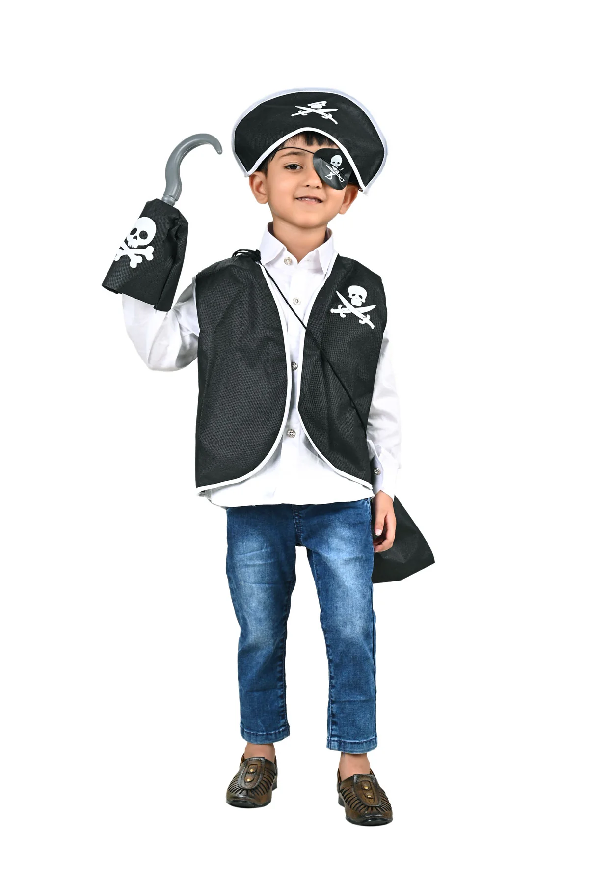 Black Pirate Captain 5 Pcs Kids Costume Set (8-12 Years) - Synthetic Jacket, Plastic Pirate Hook, Eyepatch, Loot Bag & Bandana Cap - Image 5