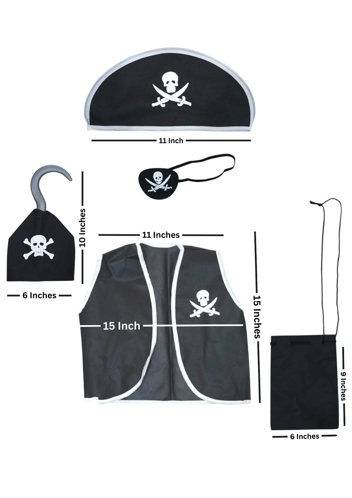 Black Pirate Captain 5 Pcs Kids Costume Set (8-12 Years) - Synthetic Jacket, Plastic Pirate Hook, Eyepatch, Loot Bag & Bandana Cap - Image 7