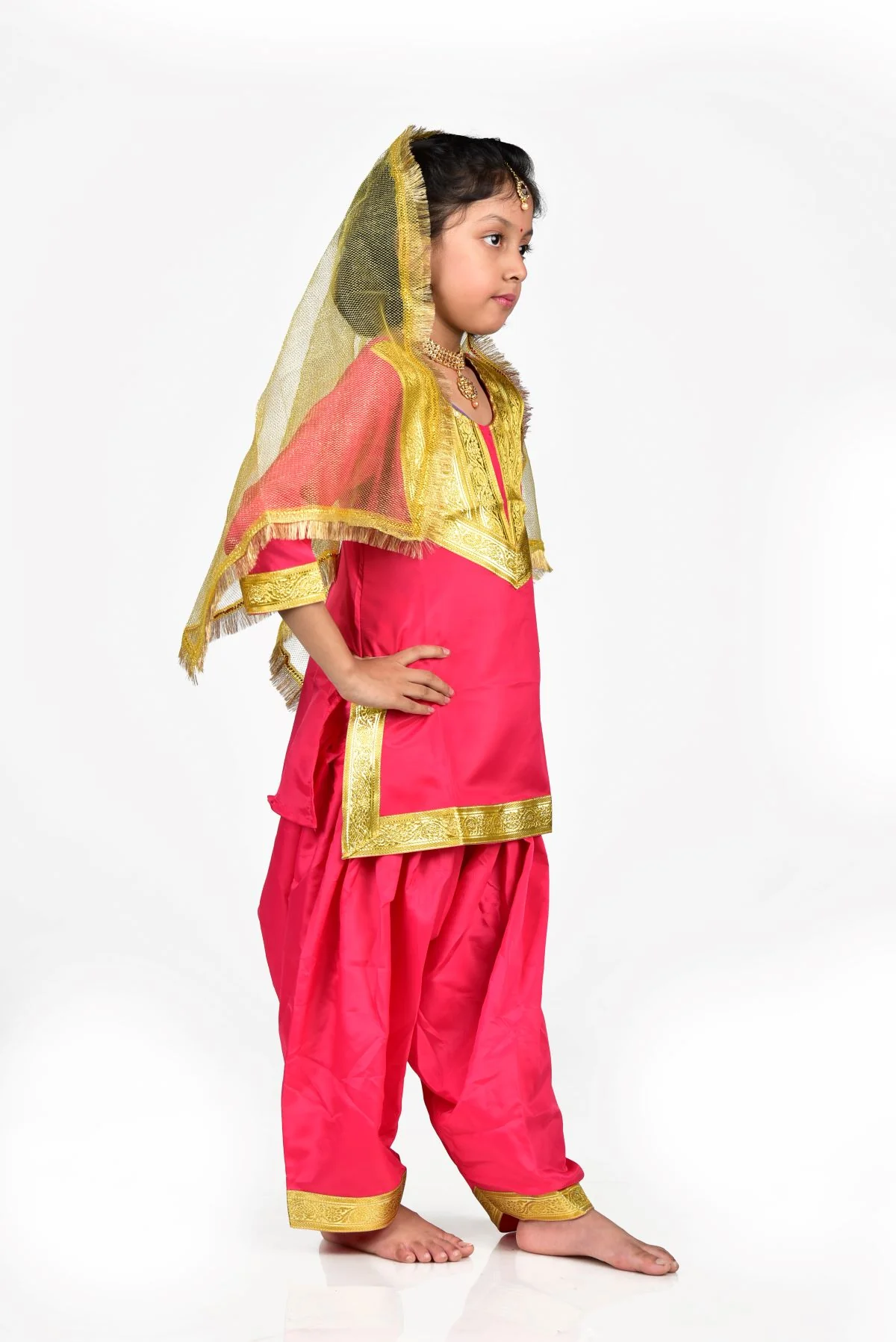 Punjabi Folk Dance Costume Giddha for Girls and Females | Pink & Golden | With Jewellery - Image 4