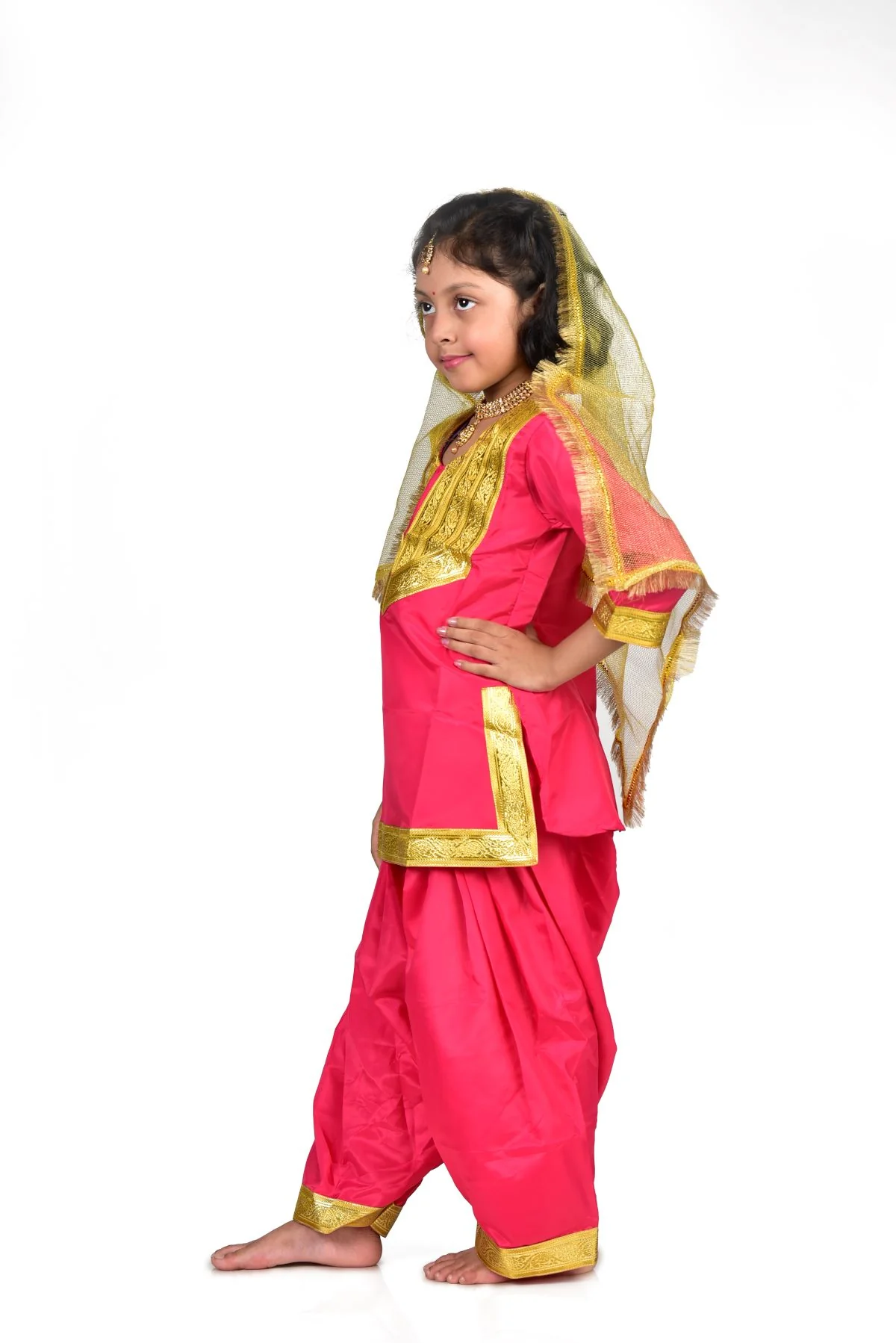 Punjabi Folk Dance Costume Giddha for Girls and Females | Pink & Golden | With Jewellery - Image 6