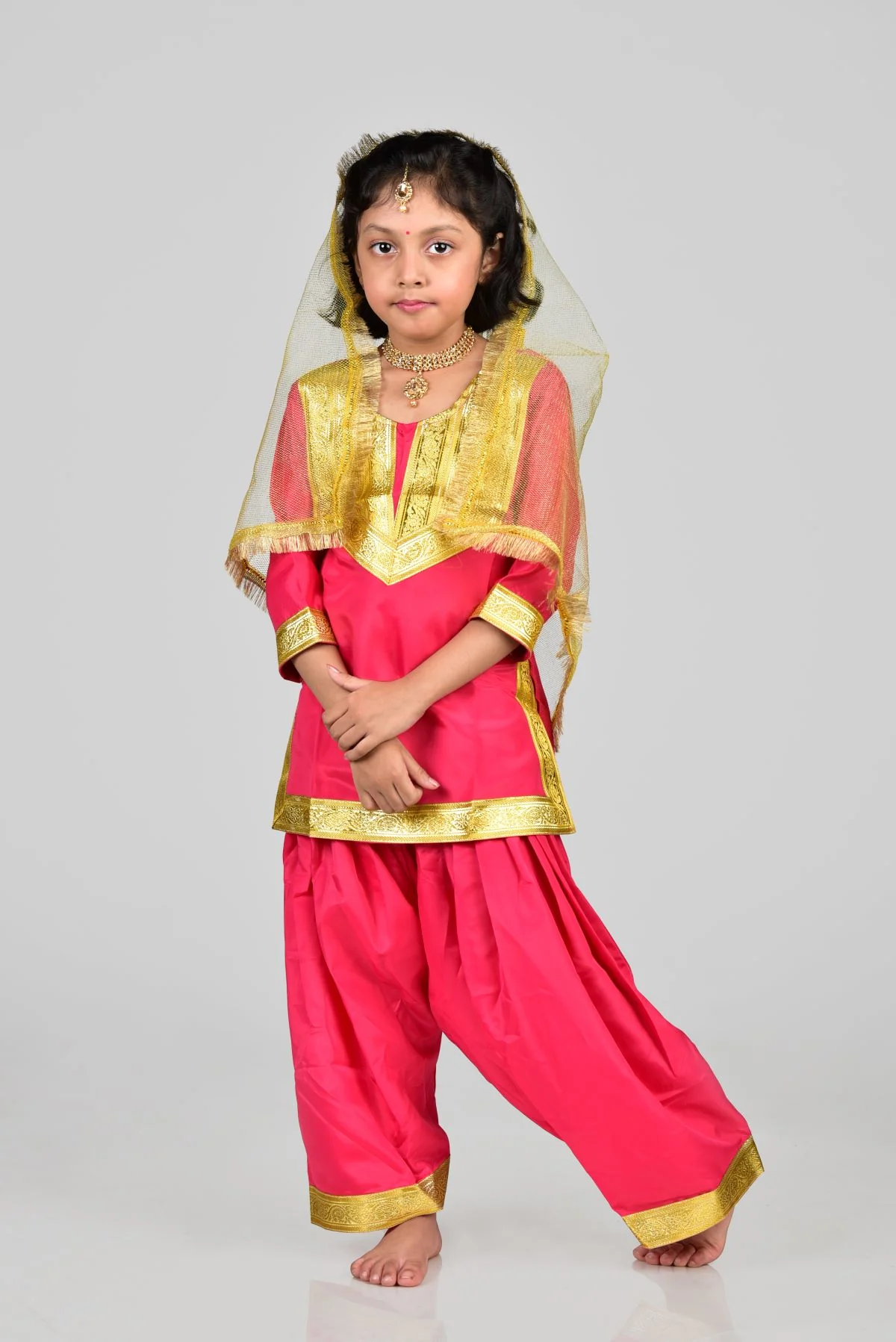 Punjabi Folk Dance Costume Giddha for Girls and Females | Pink & Golden | With Jewellery - Image 7