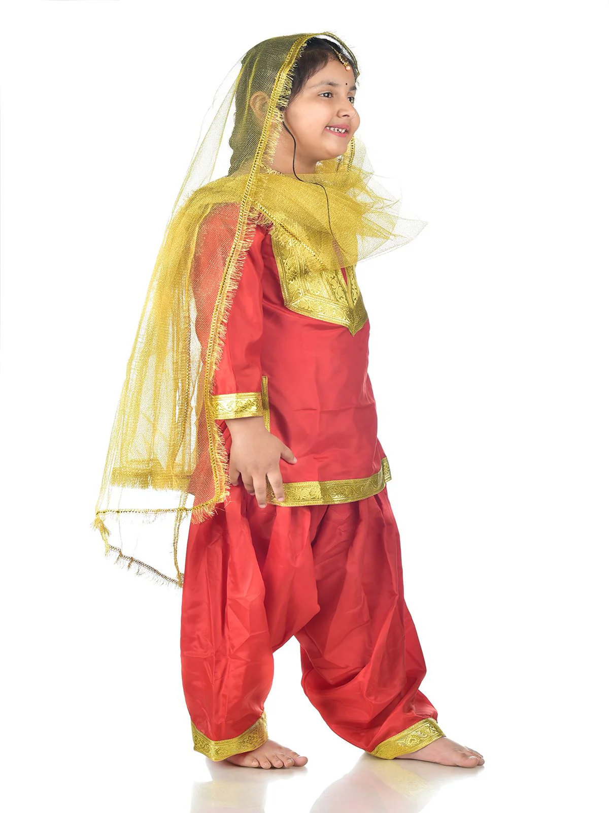 Punjabi Giddha Baisakhi Folk Dance Costume for Girls and Females | Golden & Red | with Jewellery - Image 4