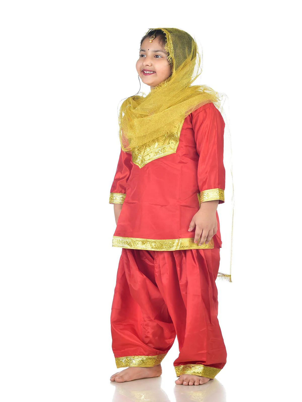 Punjabi Giddha Baisakhi Folk Dance Costume for Girls and Females | Golden & Red | with Jewellery - Image 6