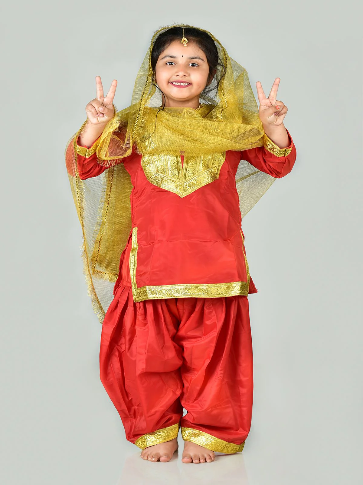 Punjabi Giddha Baisakhi Folk Dance Costume for Girls and Females | Golden & Red | with Jewellery - Image 7