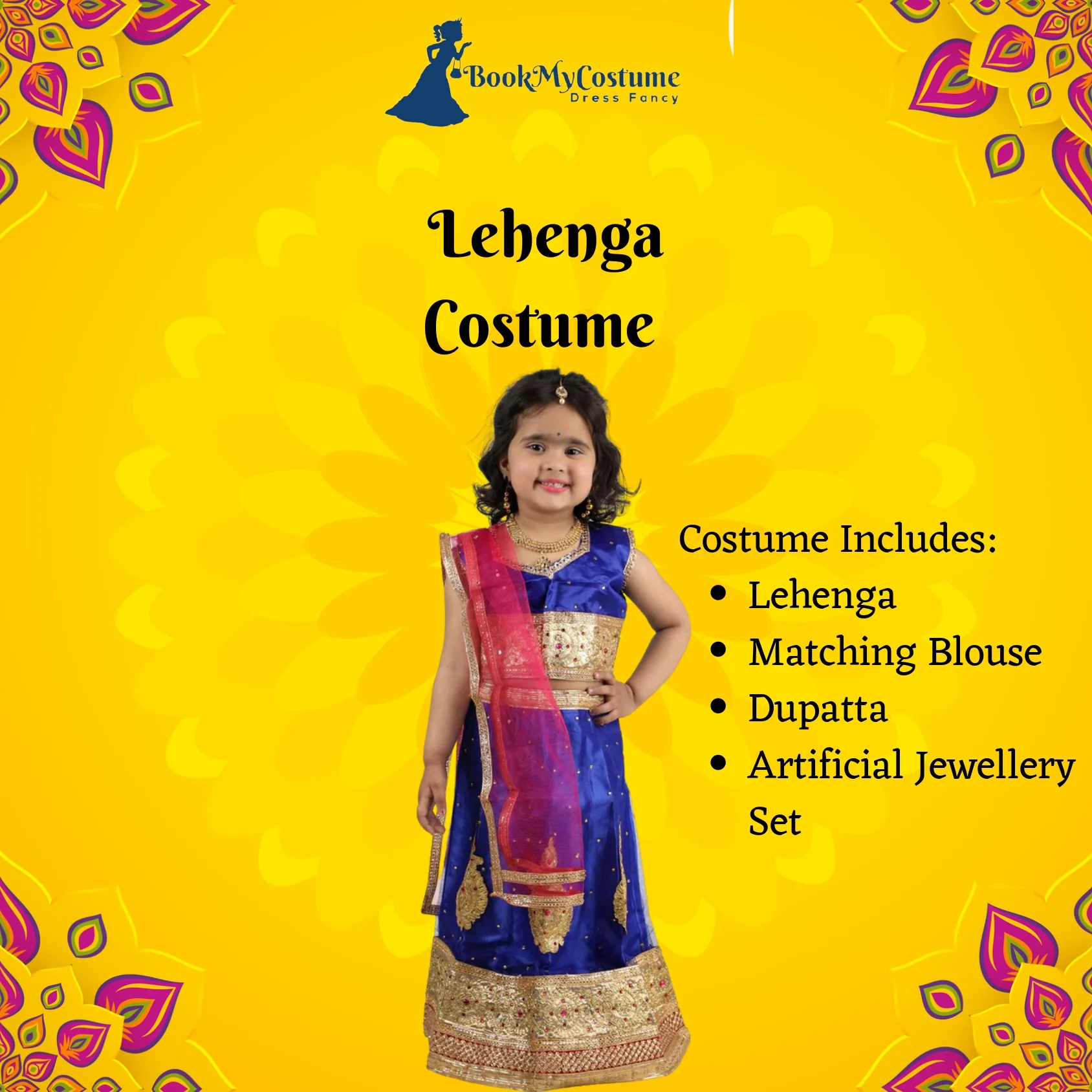 Radha Garba Lehenga Choli Kids Fancy Dress Costume for Girls with Jewellery - Premium - Blue - Image 3