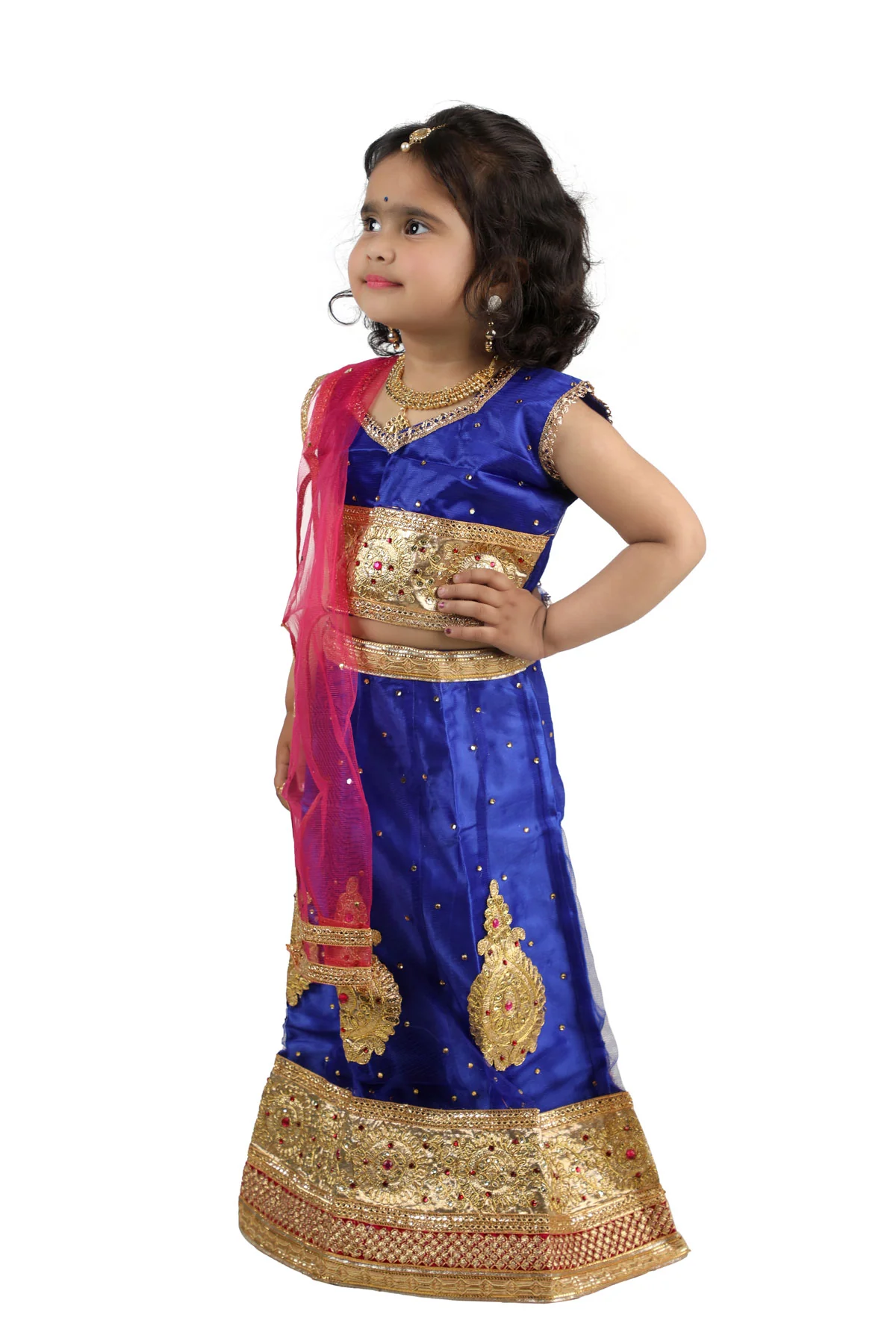 Radha Garba Lehenga Choli Kids Fancy Dress Costume for Girls with Jewellery - Premium - Blue - Image 5