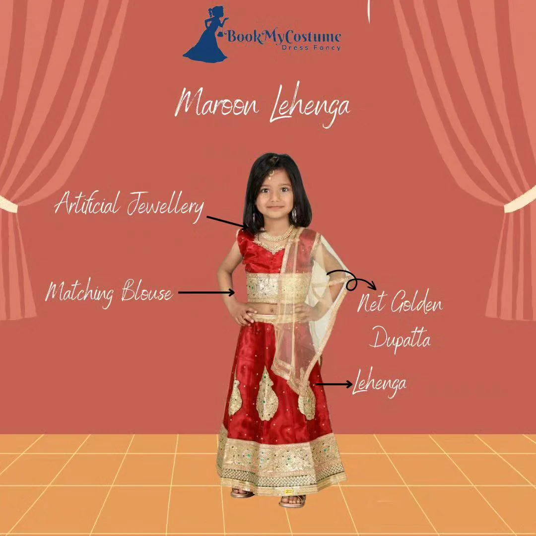 Radha Garba Lehenga Choli Kids Fancy Dress Costume for Girls - Premium - Maroon & Golden - Image 3