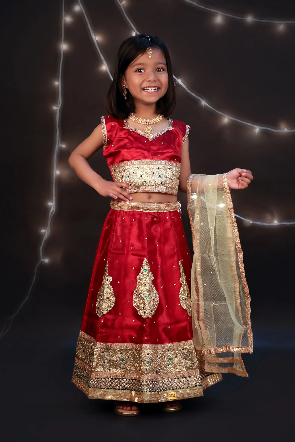 Radha Garba Lehenga Choli Kids Fancy Dress Costume for Girls - Premium - Maroon & Golden - Image 7