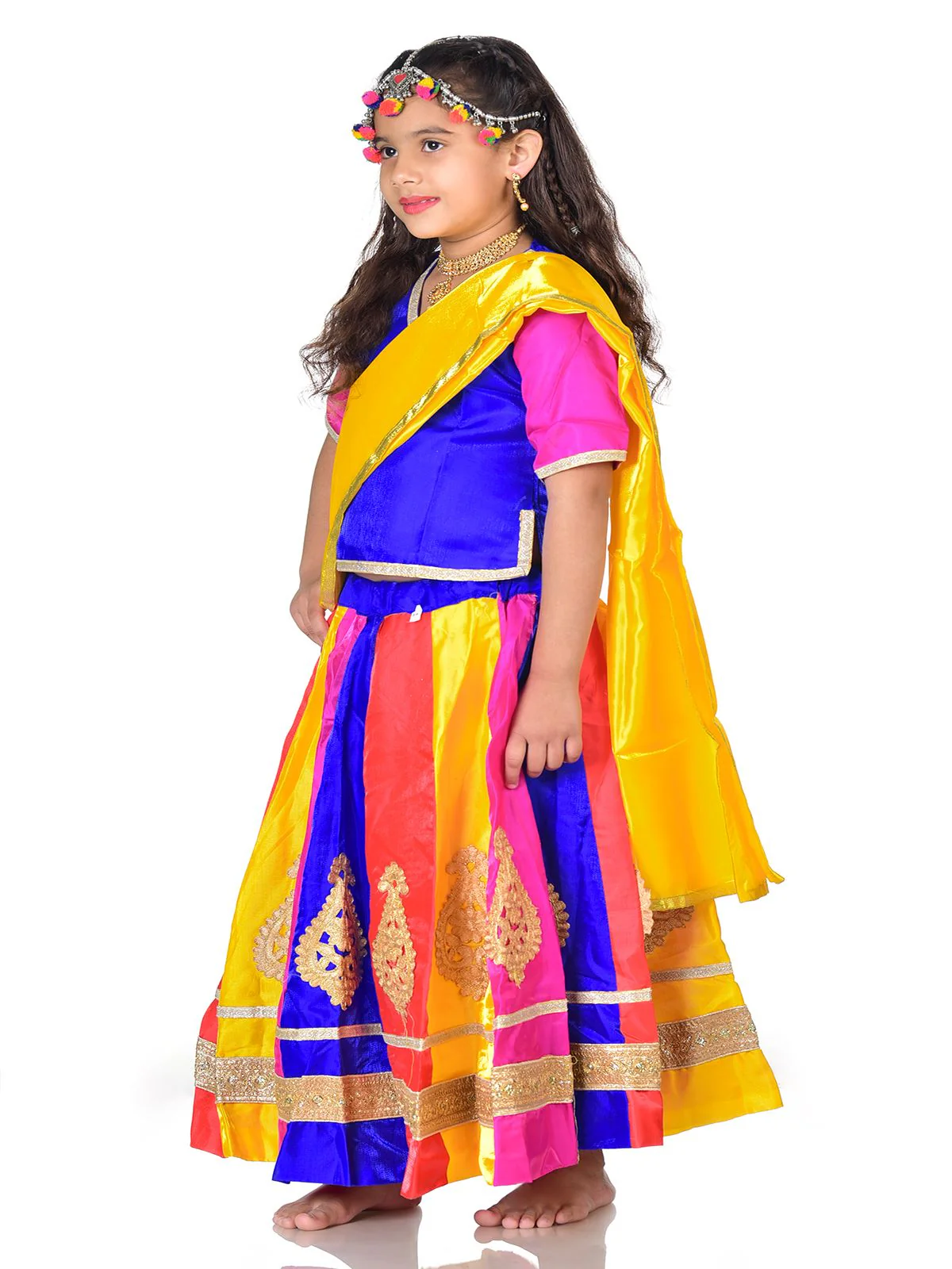 Radha Garba Lehenga Choli Kids Fancy Dress Costume for Girls with Jewellery - Premium - Multicolor - Image 4