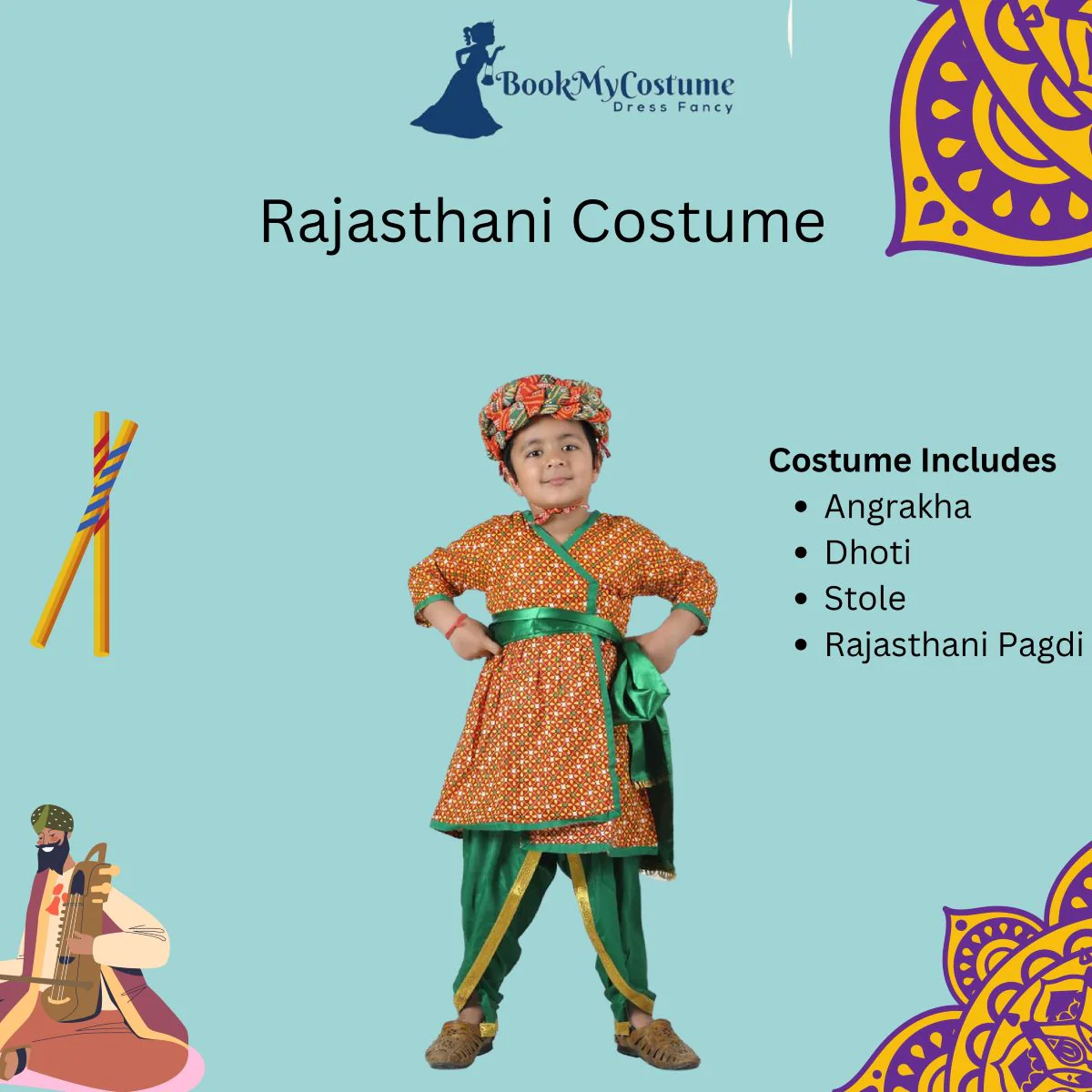 Rajasthani Indian State Fancy Dress Costume for Boys and Men | With Pagdi - Image 3