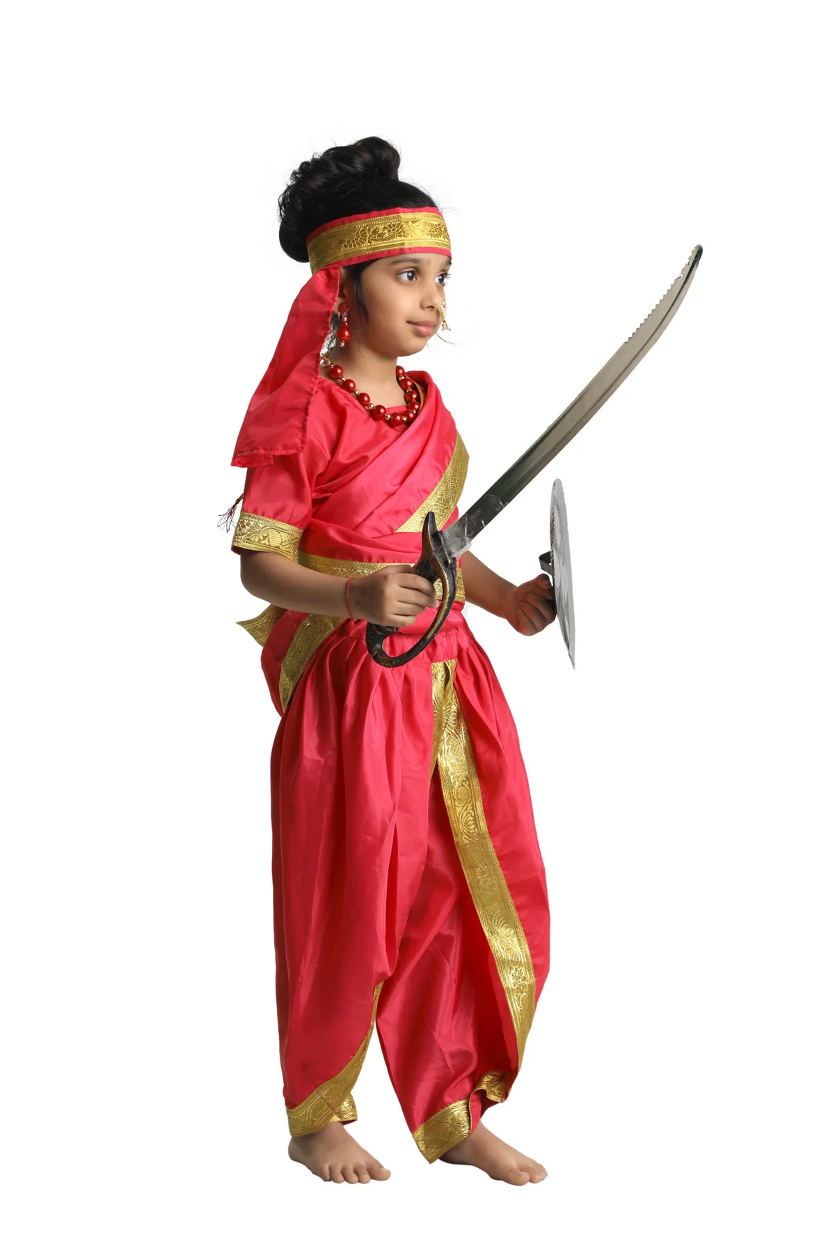 Rani Laxmi Bai Saree with Jewellery Jhansi Ki Rani Freedom Fighter Manikarnika for Girl Kids and Adult  Fancy Dress Costume - Image 3