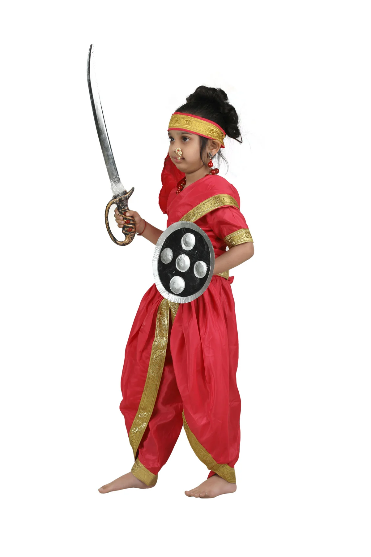 Rani Laxmi Bai Saree with Jewellery Jhansi Ki Rani Freedom Fighter Manikarnika for Girl Kids and Adult  Fancy Dress Costume - Image 6