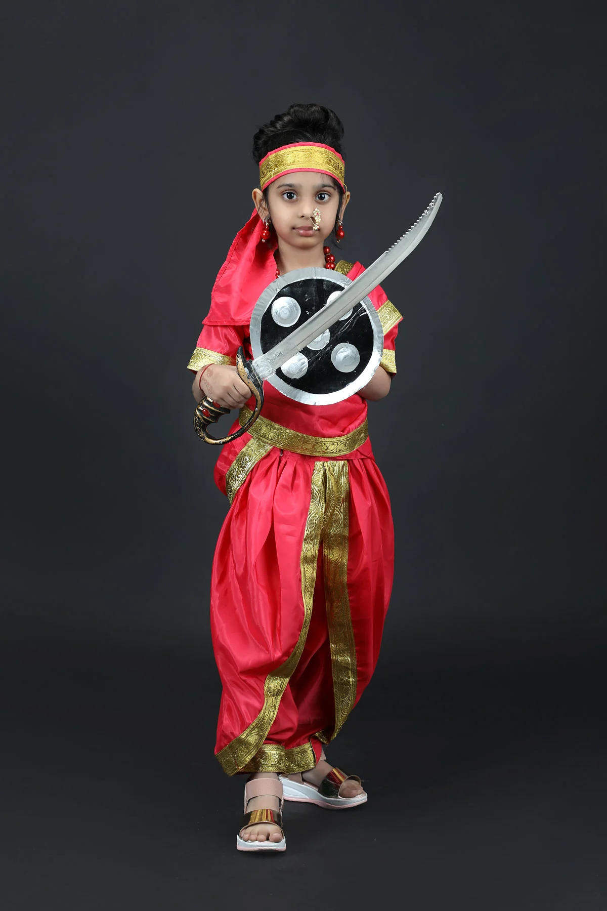 Rani Laxmi Bai Saree with Jewellery Jhansi Ki Rani Freedom Fighter Manikarnika for Girl Kids and Adult  Fancy Dress Costume - Image 7