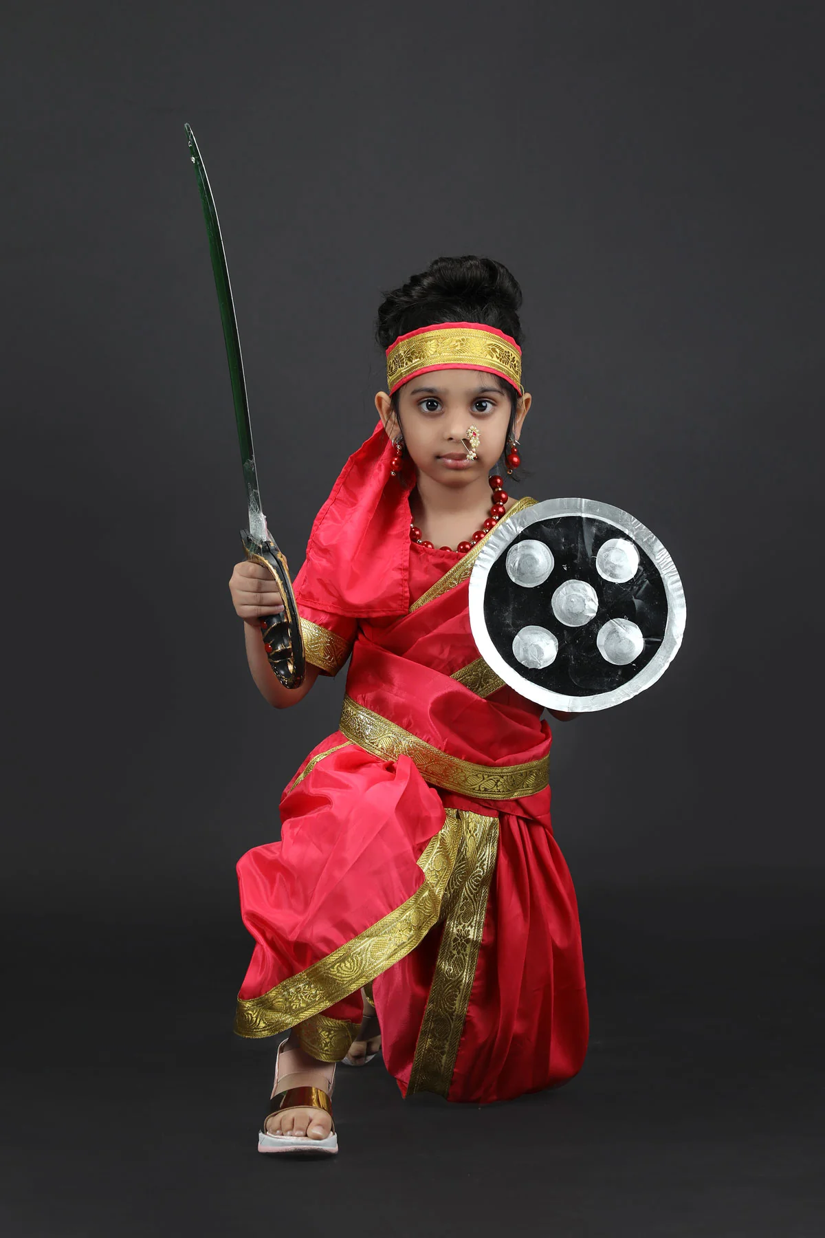 Rani Laxmi Bai Saree with Jewellery Jhansi Ki Rani Freedom Fighter Manikarnika for Girl Kids and Adult  Fancy Dress Costume - Image 8
