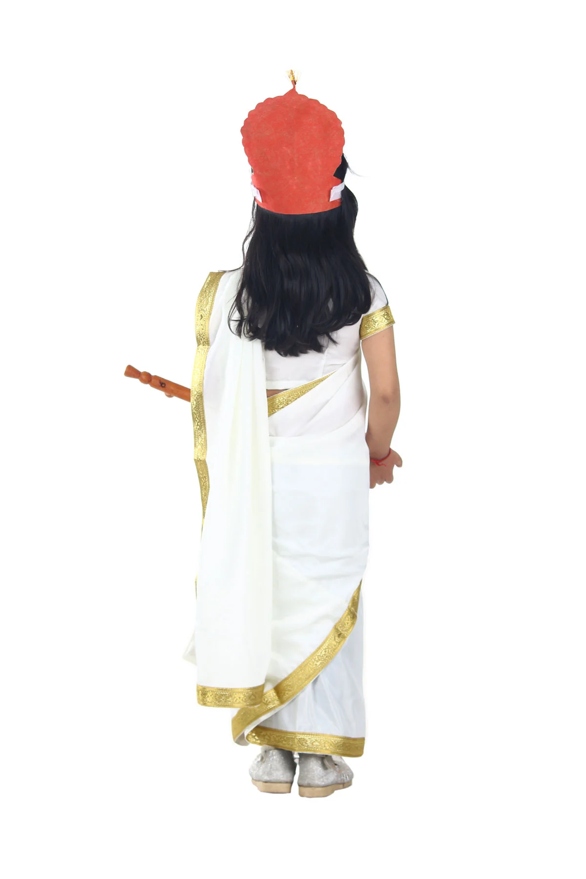 Sarasvati Mata Hindu Goddess Saree for Girls & Women Fancy Dress Costume with Sitar - Image 3