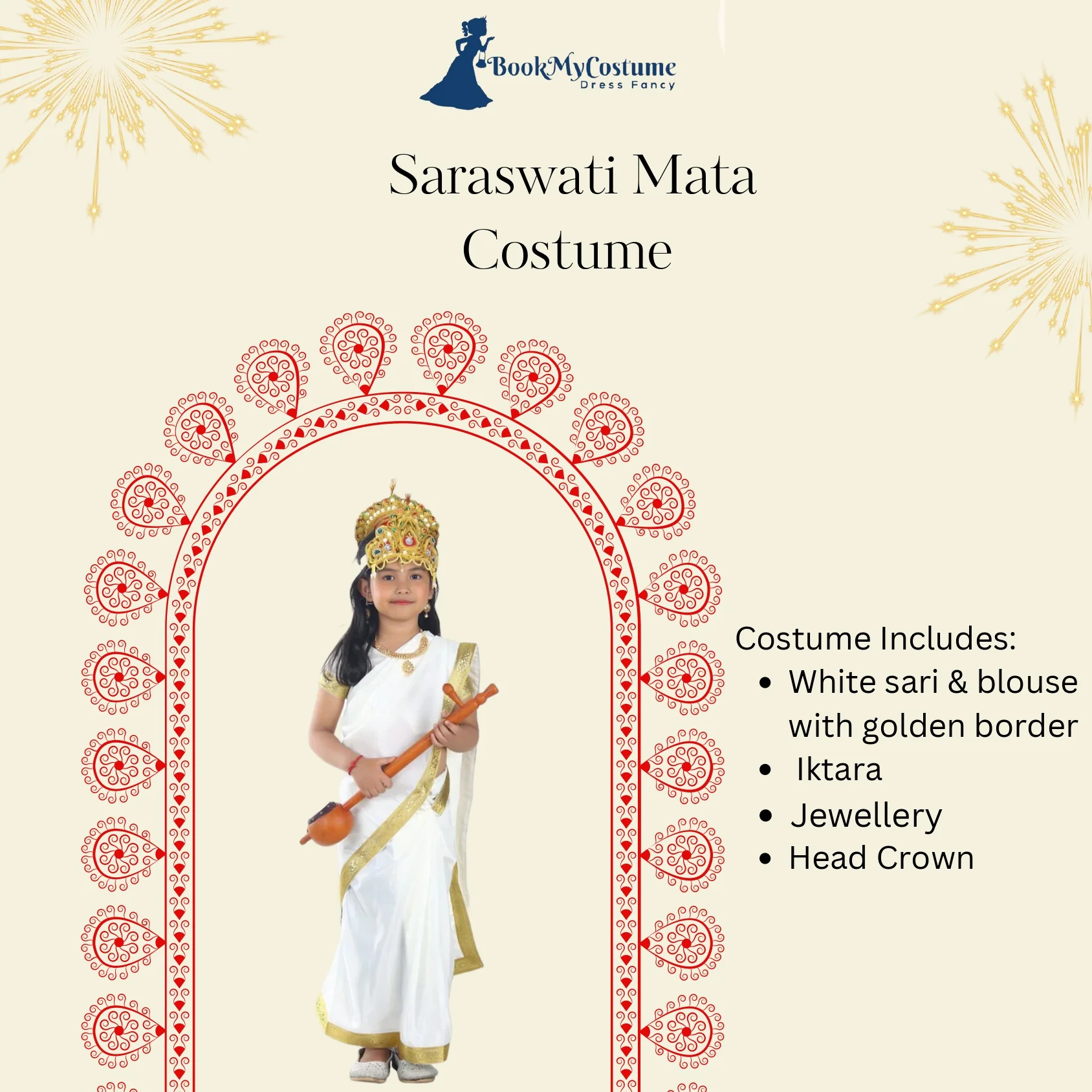 Sarasvati Mata Hindu Goddess Saree for Girls & Women Fancy Dress Costume with Sitar - Image 4