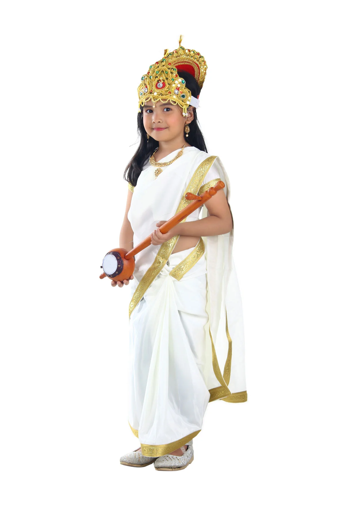 Sarasvati Mata Hindu Goddess Saree for Girls & Women Fancy Dress Costume with Sitar - Image 5