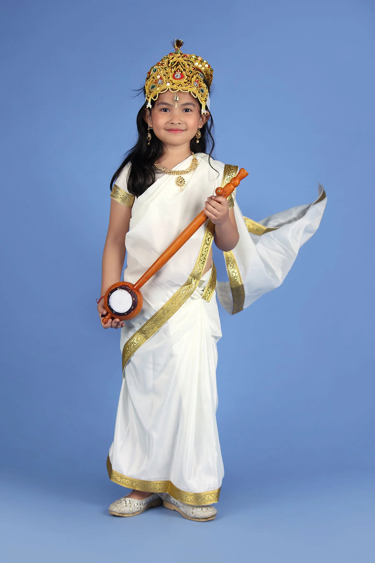 Sarasvati Mata Hindu Goddess Saree for Girls & Women Fancy Dress Costume with Sitar - Image 7