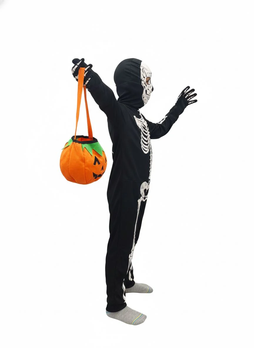 Scary Ghost Bhoot Skeleton Printed Body Suit With Mask And Gloves with Pumpkin Basket Halloween Costume for Theme Party For Boys | Kids - Image 2