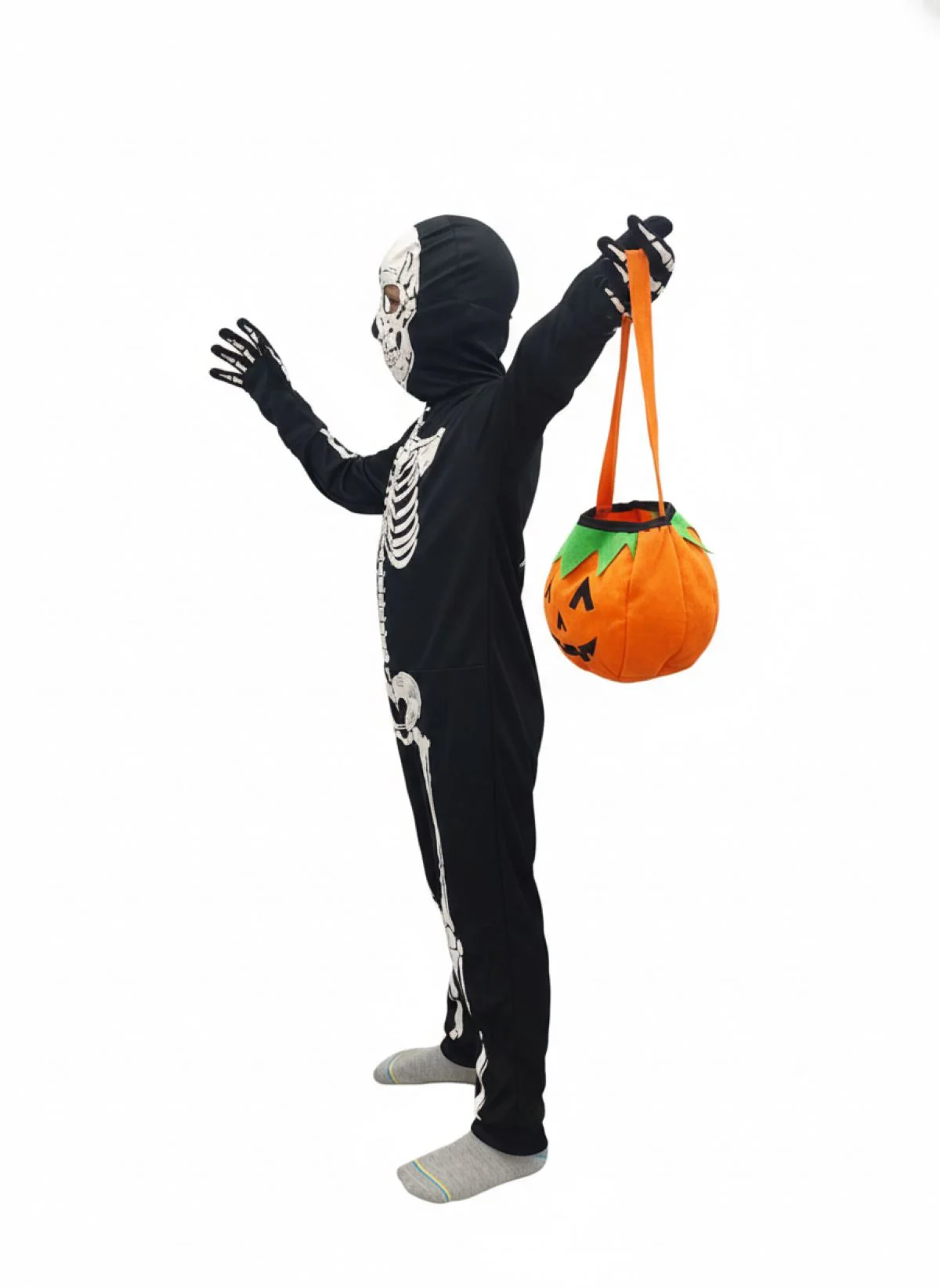 Scary Ghost Bhoot Skeleton Printed Body Suit With Mask And Gloves with Pumpkin Basket Halloween Costume for Theme Party For Boys | Kids - Image 4