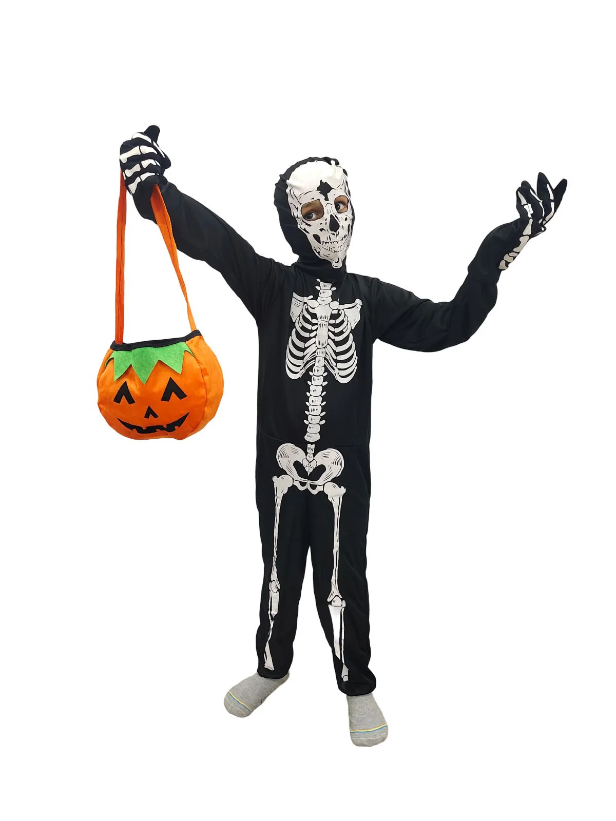 Scary Ghost Bhoot Skeleton Printed Body Suit With Mask And Gloves with Pumpkin Basket Halloween Costume for Theme Party For Boys | Kids - Image 5