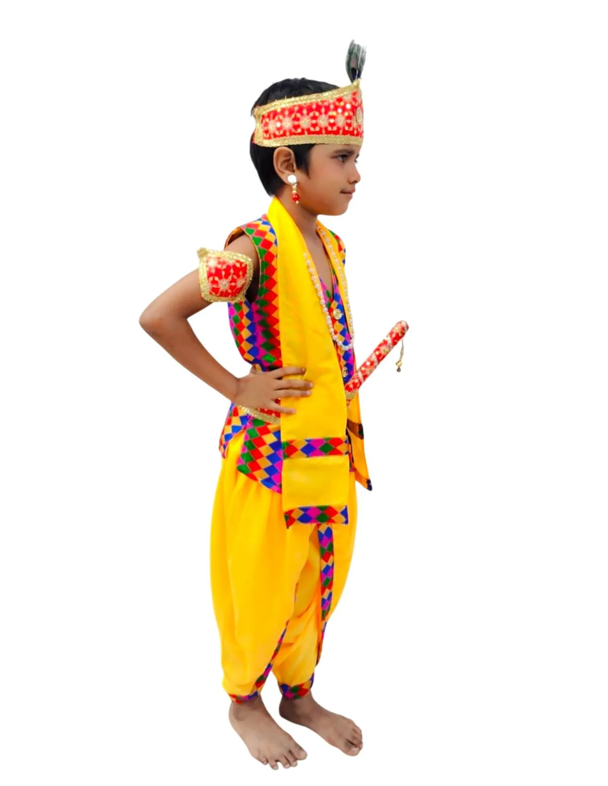 Shri Krishna Multicolor Kids Fancy Dress Costume 8 Pcs Set with Red Accessories - Premium - Image 3