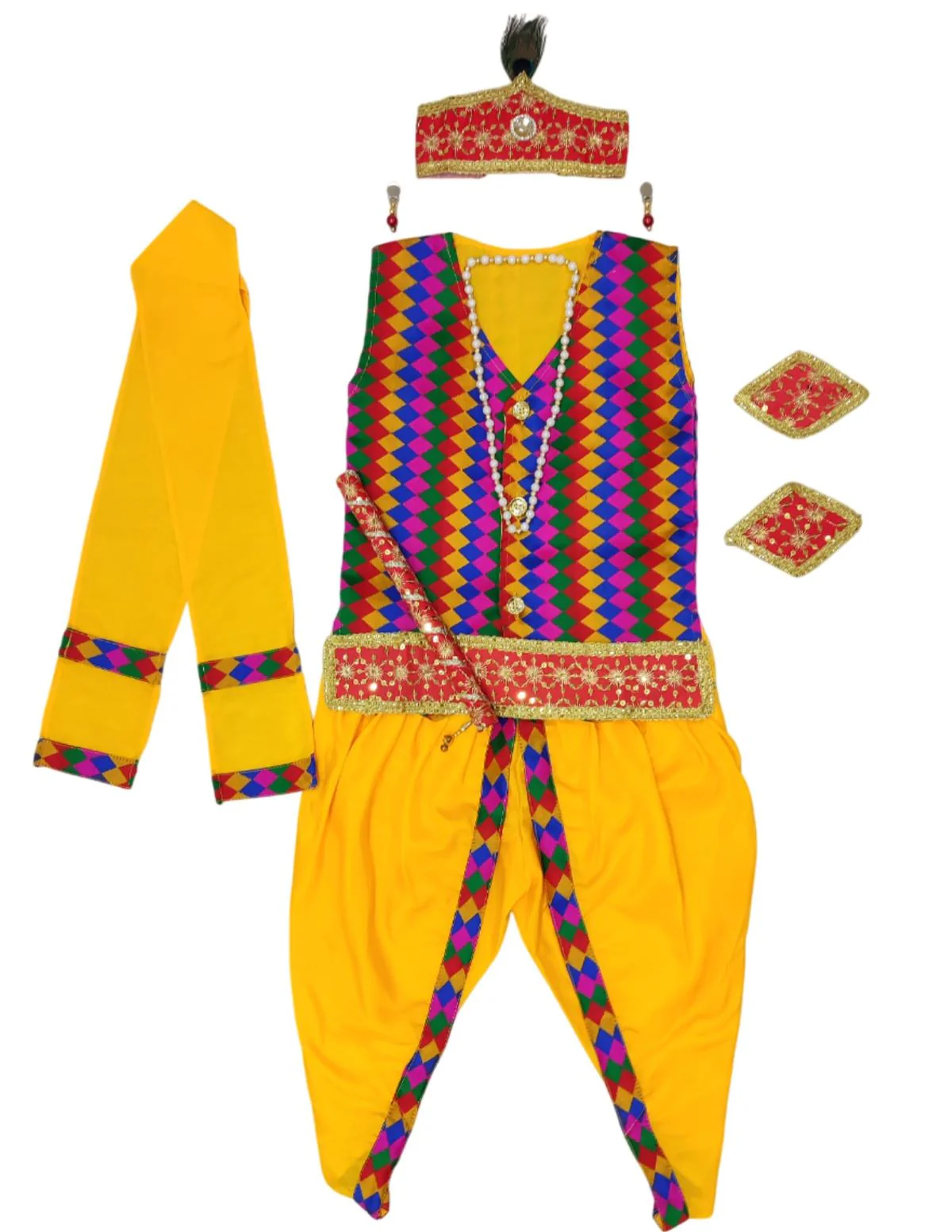Shri Krishna Multicolor Kids Fancy Dress Costume 8 Pcs Set with Red Accessories - Premium - Image 6
