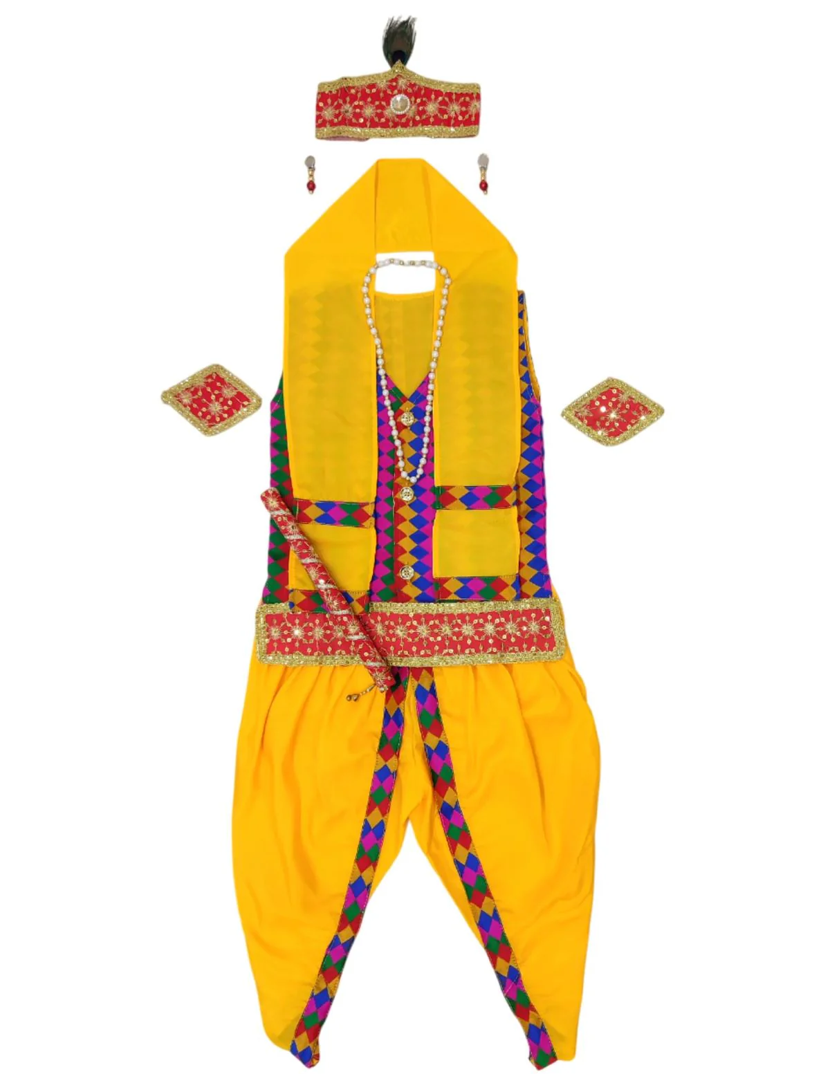 Shri Krishna Multicolor Kids Fancy Dress Costume 8 Pcs Set with Red Accessories - Premium - Image 7