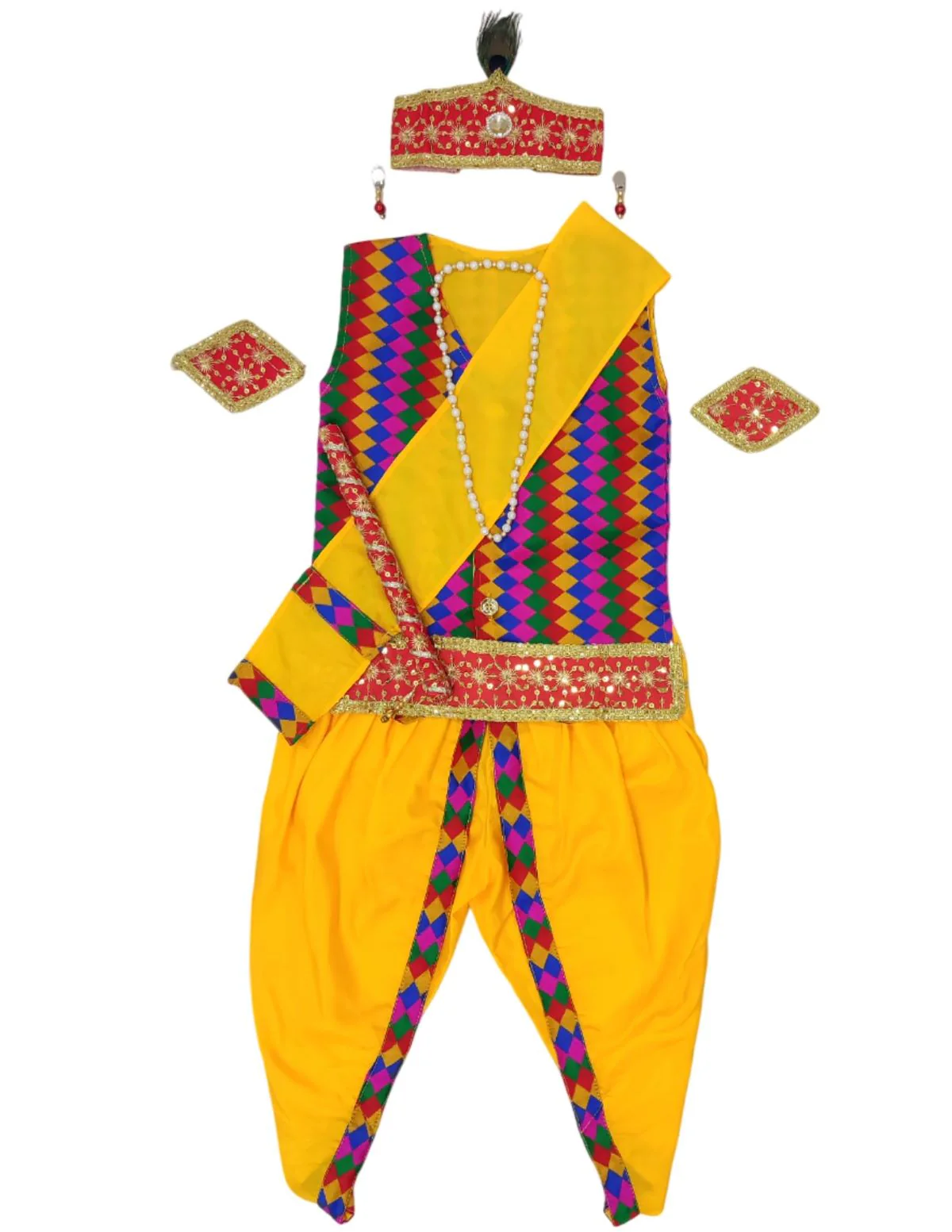 Shri Krishna Multicolor Kids Fancy Dress Costume 8 Pcs Set with Red Accessories - Premium - Image 8